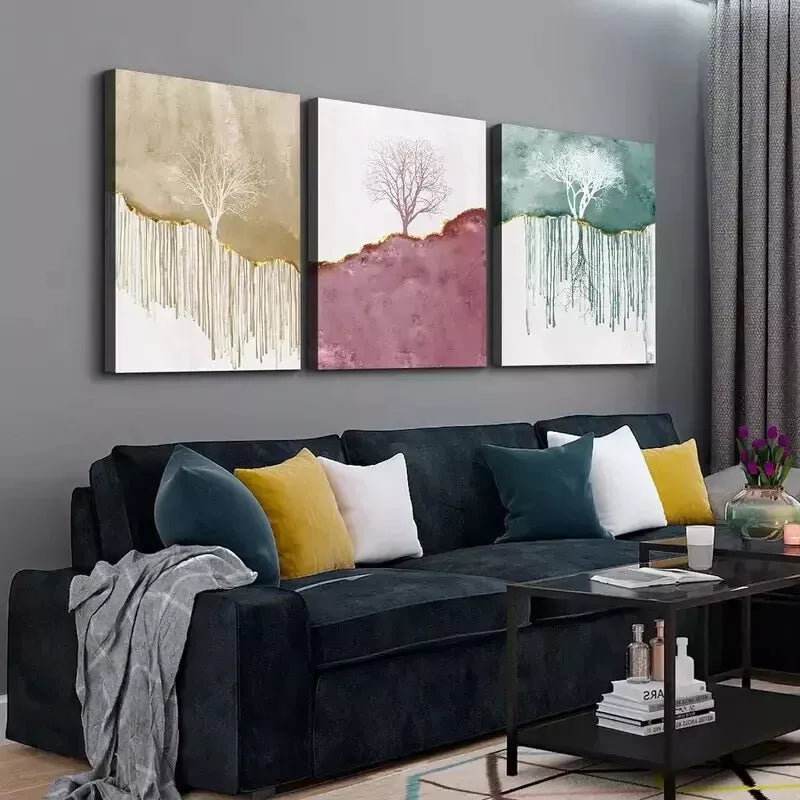 3-Piece Golden, Red & Green Abstract Tree Wall Art Set - Framed Canvas 50x70cm - High Quality Print - 100% Australian Made - Ready to Hang - Perfect for Living Room, Bedroom & Office Decor
