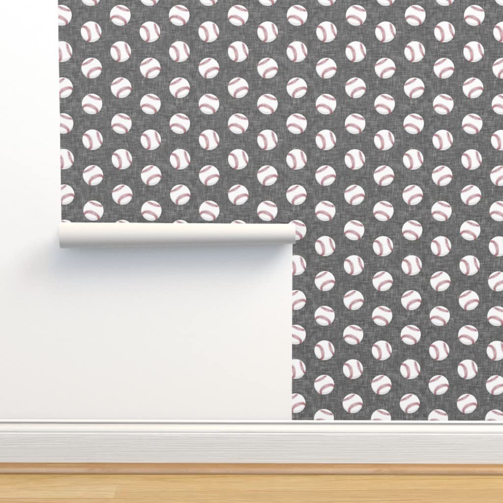 Removable Wallpaper 6ft x 2ft - Gray Baseball Game Sports Theme, Easy Peel & Stick Wallpaper for Bedroom, Nursery, or Man Cave | Trendy Spring Baseballs Design by Spoonflower