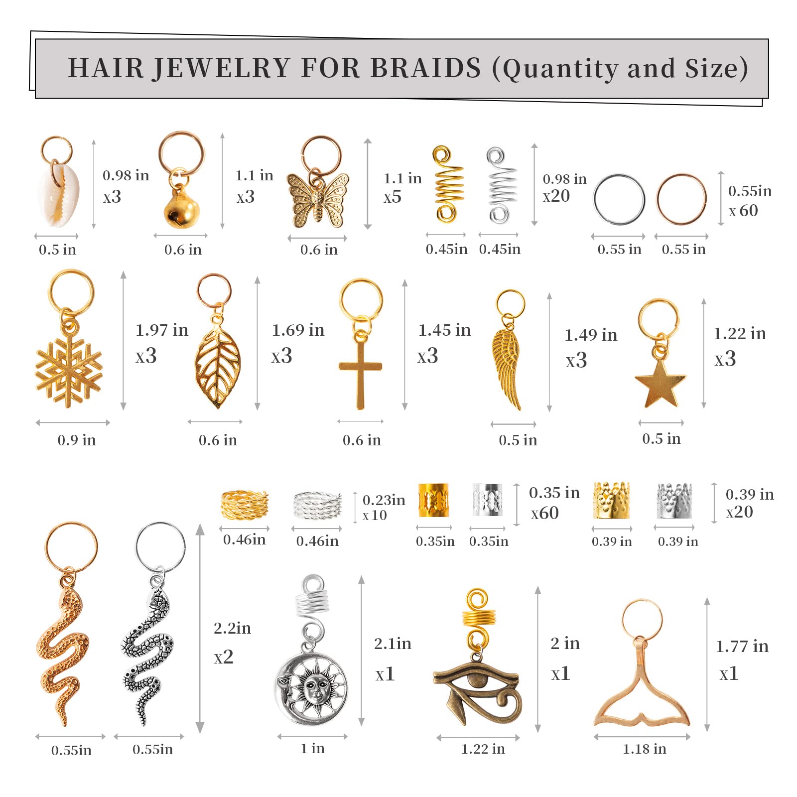 Vaikby 201PCS Hair Jewelry Beads for Braids - Gold & Silver Dreadlock Accessories, Metal Hair Rings & Charms for Women - Perfect for Boho Hairstyles, Festival Looks & Everyday Hair Decor