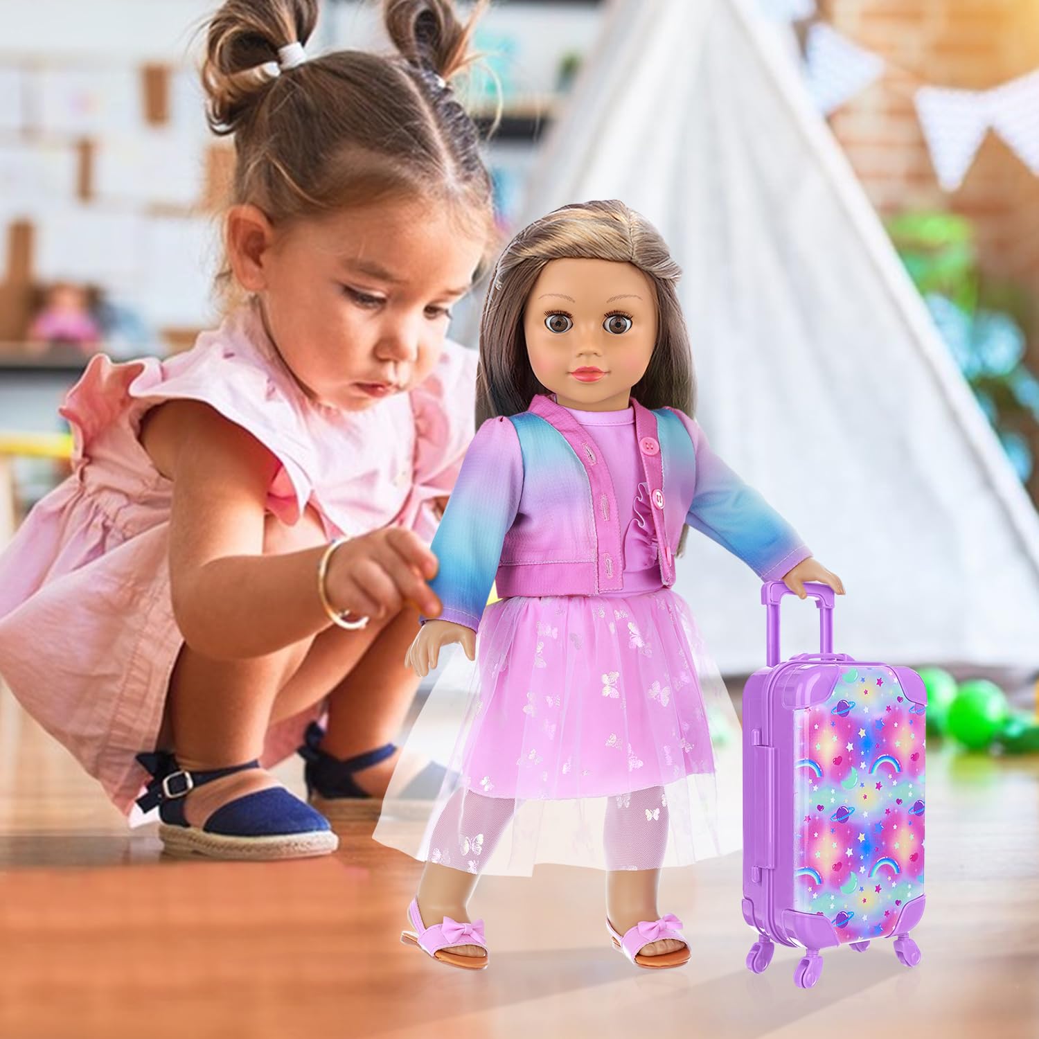 18 Inch Doll Travel Luggage Set with Carrier, Clothes, Shoes & Accessories for Girls - Perfect for Travel, Playdates & Pretend Play (No Doll Included)
