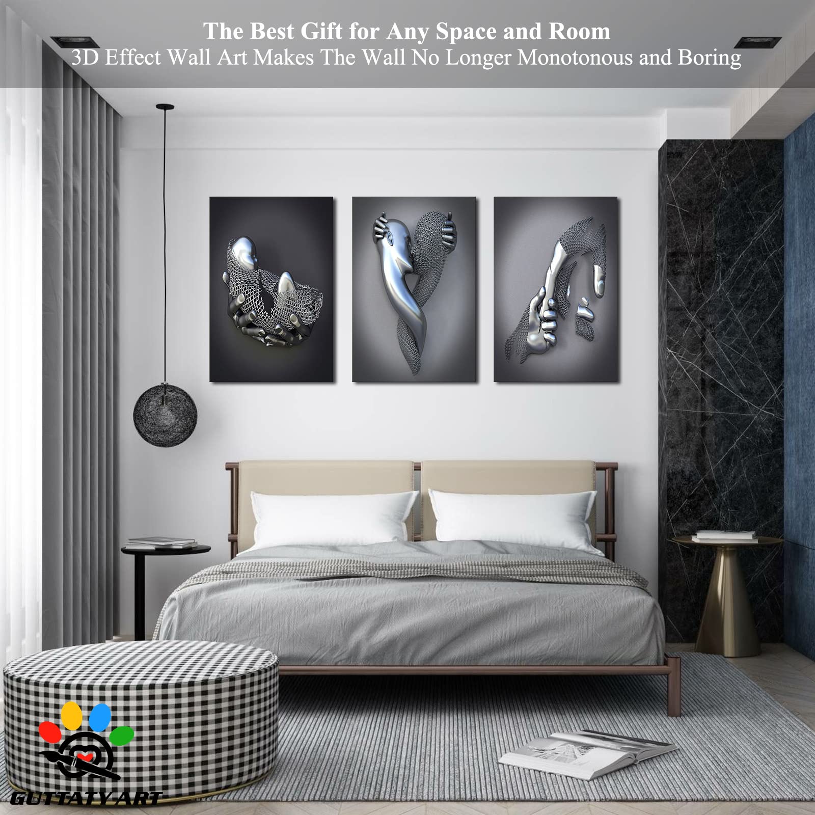 3D Metal Heart Wall Art Set - Silver Gray Love Decor for Living Room & Bedroom - Framed Modern Canvas Painting - Valentine's Day Gift for Couples - 24