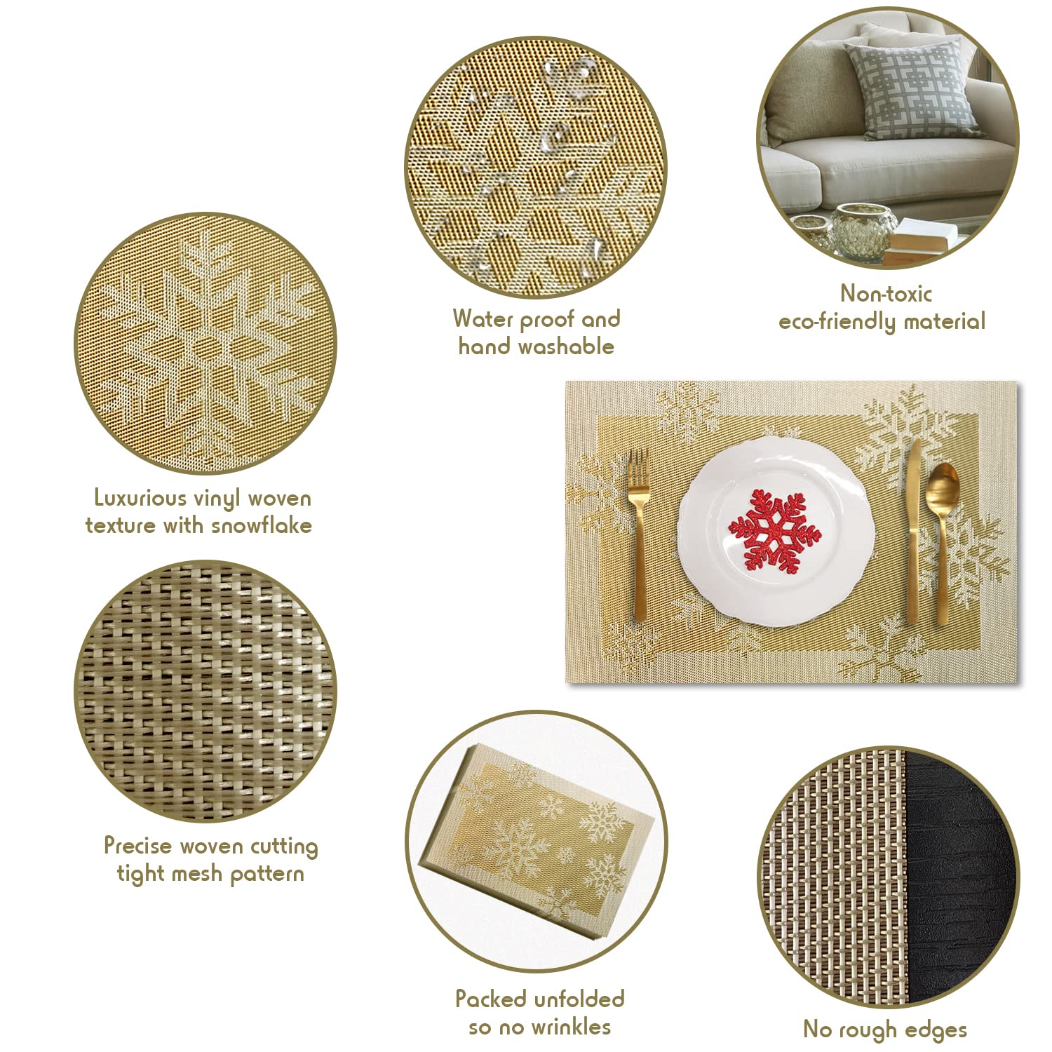 6-Piece Christmas Woven Vinyl Non-Slip Placemats Set - Washable & Anti-Skid Table Mats for Kitchen Dining, Holiday Decor (Snow Gold) | Perfect for Festive Dinner Parties & Family Gatherings