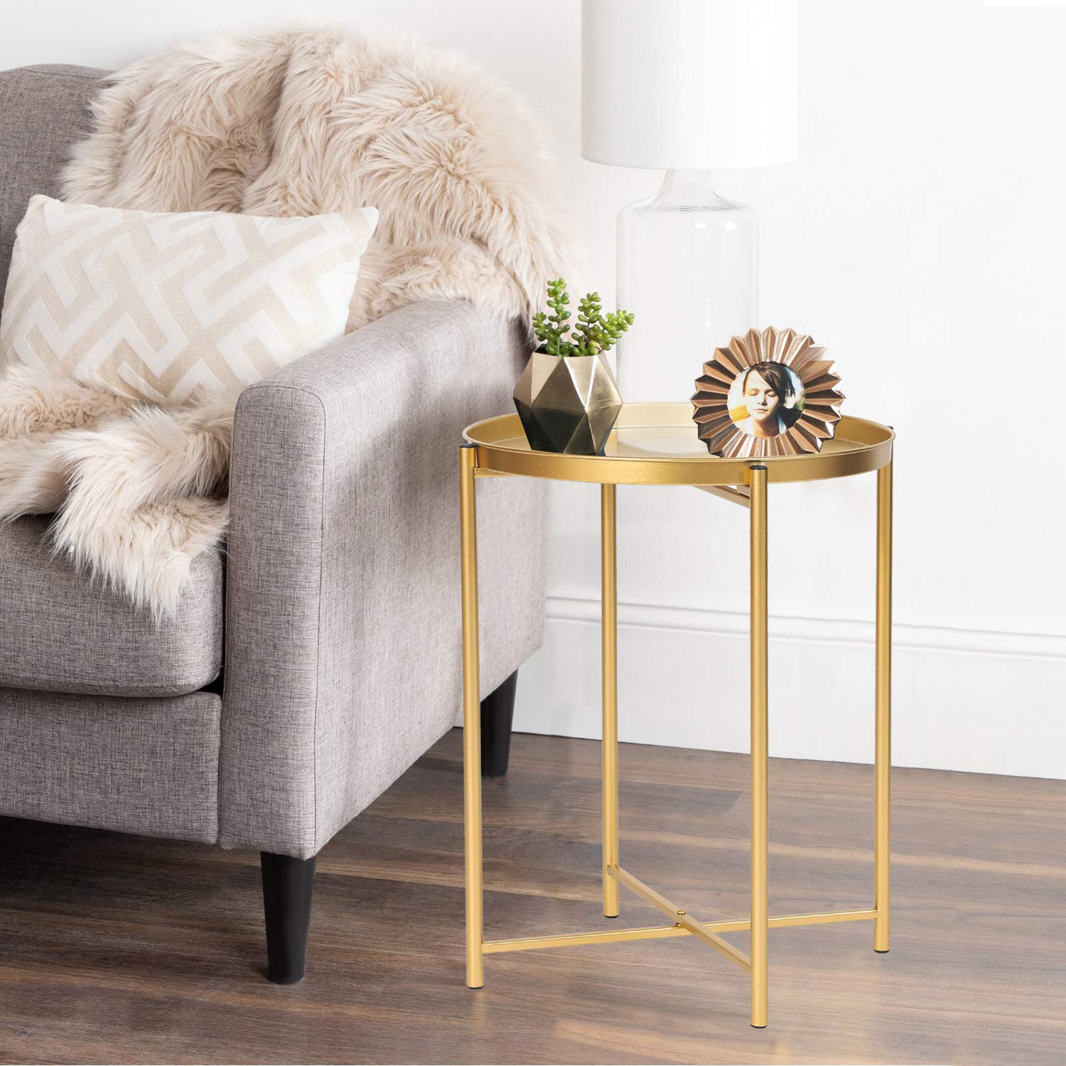 Round Folding Metal End Table with Removable Tray - 16.9