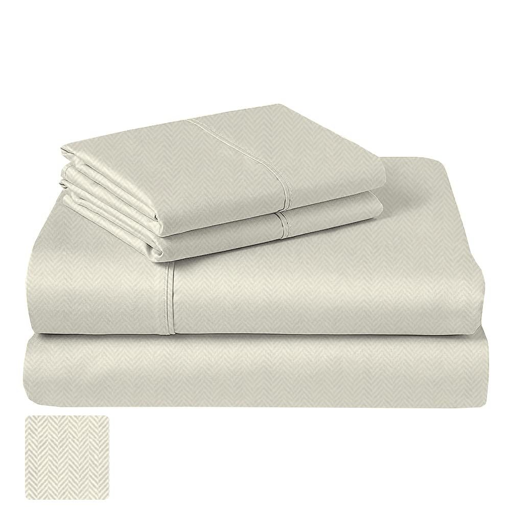 Premium 100% Cotton King Size Sheets - Soft & Breathable Ivory Herringbone Bedding Set for King Bed | Luxury Hotel Quality Bed Sheets for Master Bedroom & Guest Room