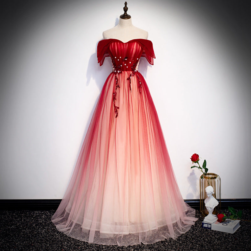 Elegant Off Shoulder White Tulle Prom Dress with Red A-Line Skirt - Perfect for Evening Parties, Homecoming Dances & Formal Events