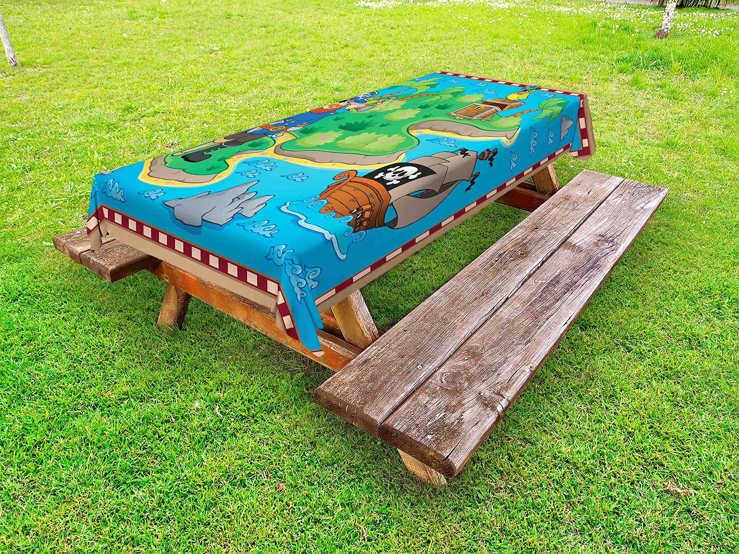 Ambesonne Treasure Island Map Tablecloth - Waterproof Washable Outdoor Picnic Table Cover with Pirate Ship & Parrot Design, 58x84 Inches, Multicolor - Perfect for Beach Parties, Backyard BBQs & Themed Decorations