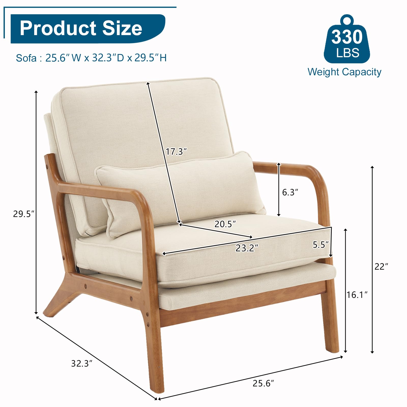 VINGLI Modern Accent Chairs Set of 2 - Beige Linen Upholstered Mid Century Lounge Chairs with Wooden Legs for Living Room, Bedroom or Office - Comfortable Reading Armchair for Small Spaces & Cozy Home Decor