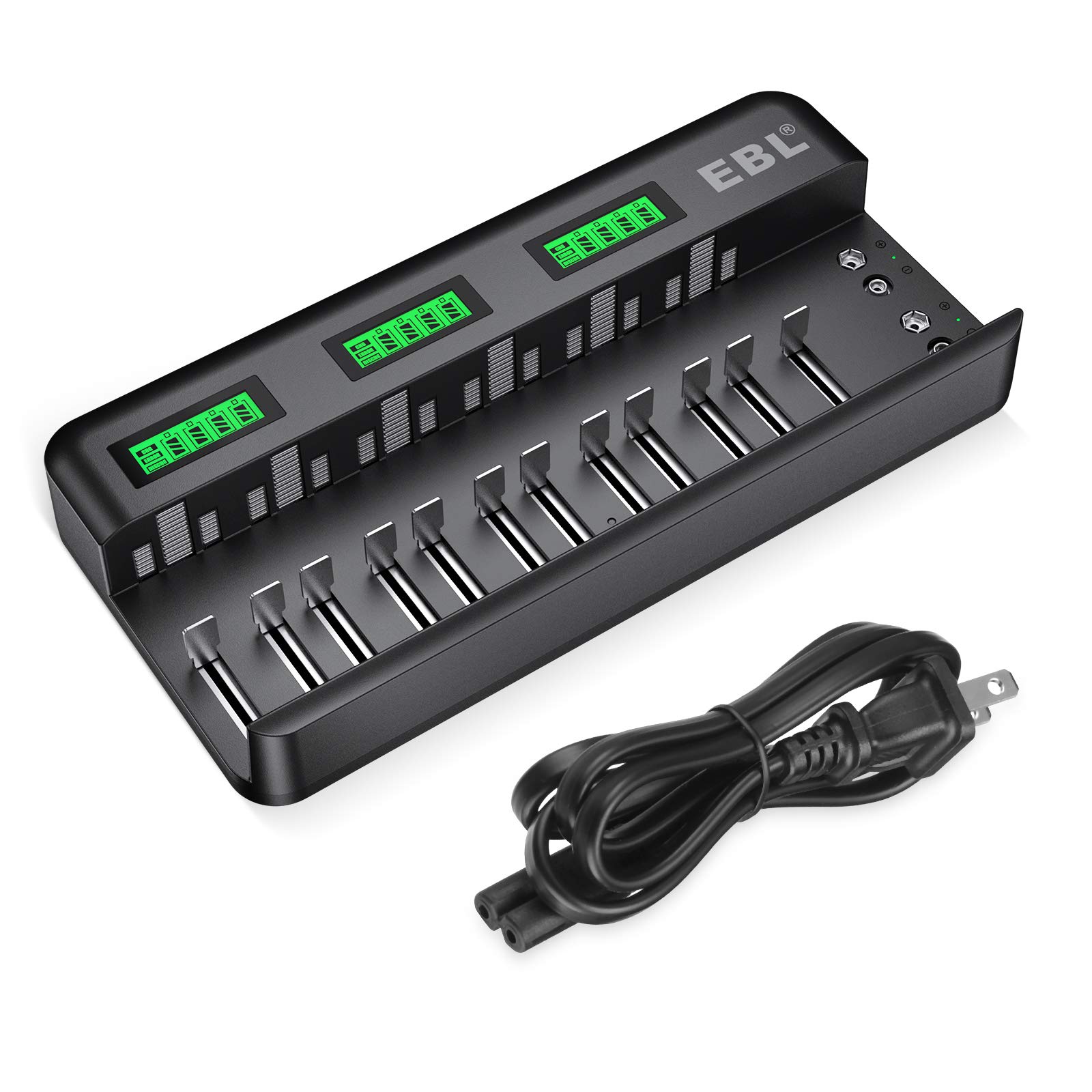 EBL 12+2 Bay LCD Rechargeable Battery Charger for AA AAA C D 9V Ni-MH Ni-CD Li-ion Batteries - Fast Charging with AC Power Supply - Perfect for Cameras, Toys, Flashlights & Home Electronics