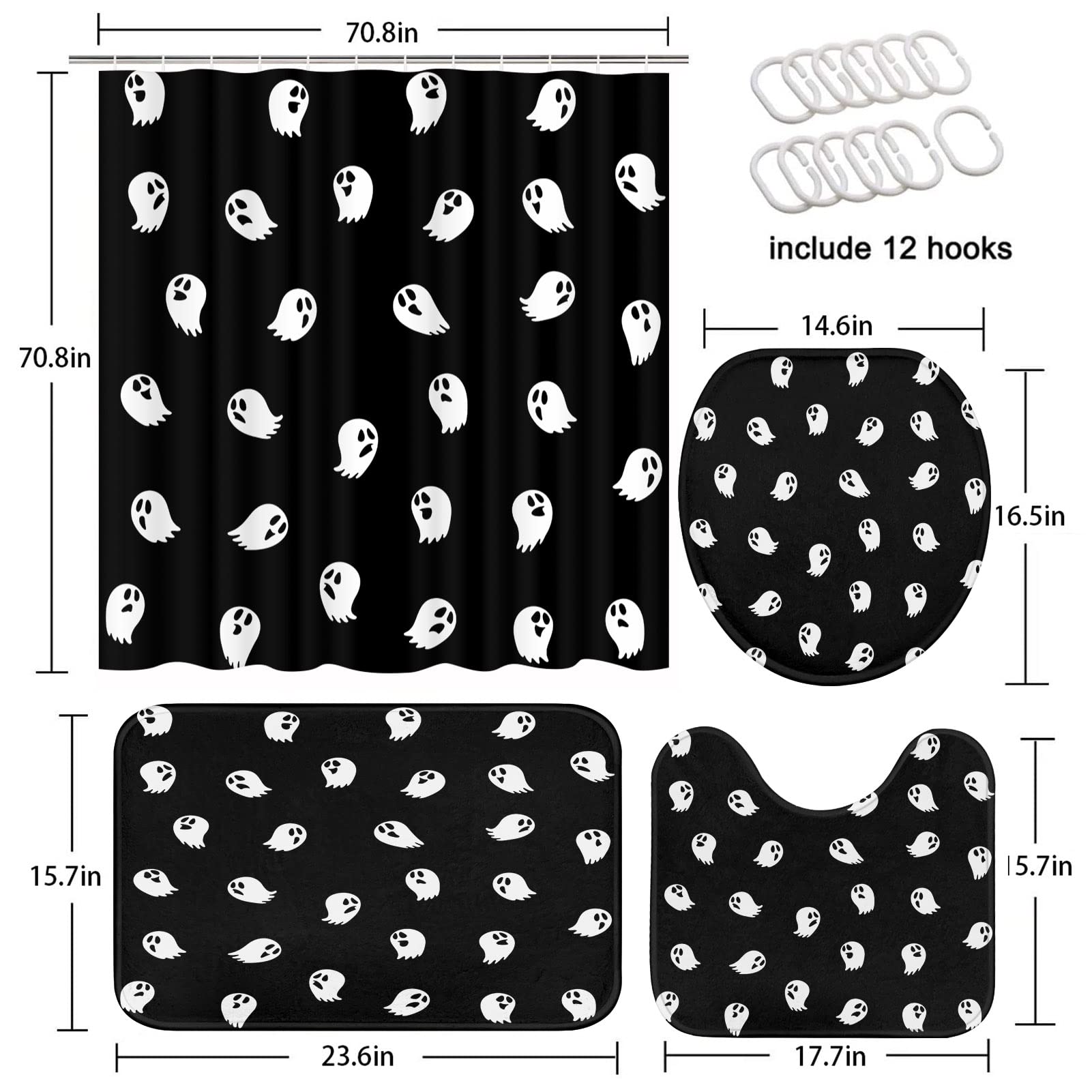 Halloween Bathroom Set - Ghost Shower Curtain & Matching Rugs (4-Piece) | Spooky Bathroom Decor for Halloween Party, Haunted House Theme | Waterproof & Cute Evil Design