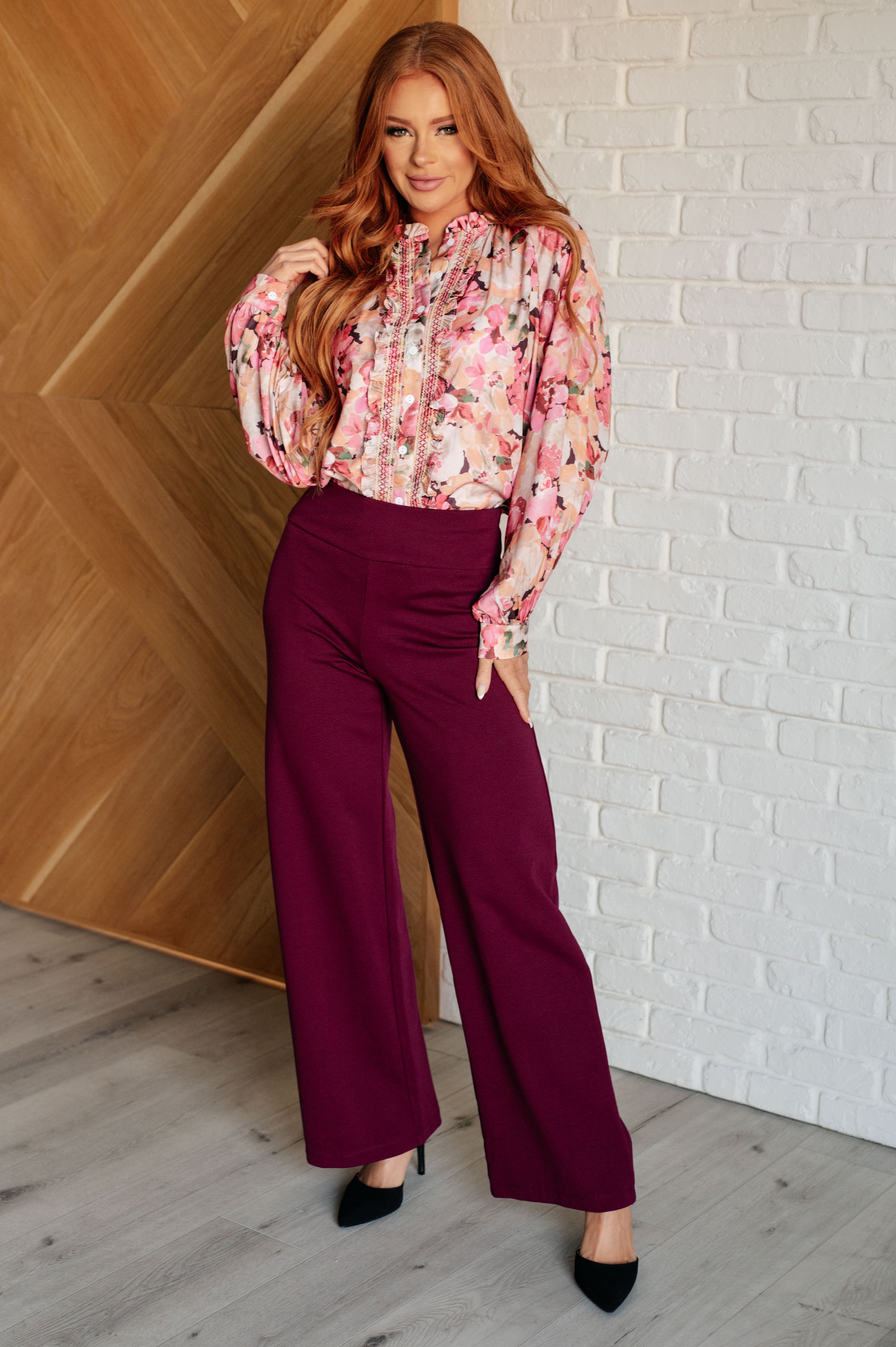 Magic Wide Leg Pants for Women - Comfortable High Waisted Palazzo Trousers in Wine Red | Perfect for Work, Travel & Casual Outfits