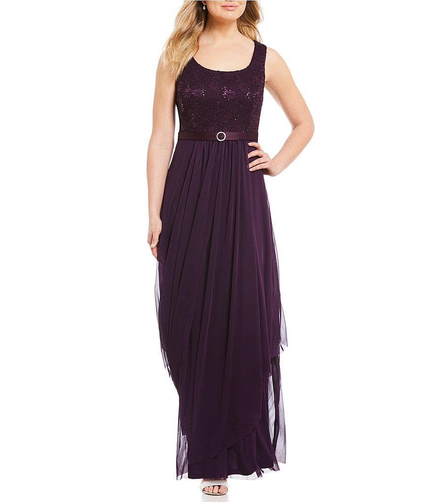 R&M Richards Women's Sequin Lace Long Jacket Dress - Elegant Mother of The Bride Gown in Size 14, Eggplant Purple | Perfect for Weddings, Formal Events & Special Occasions