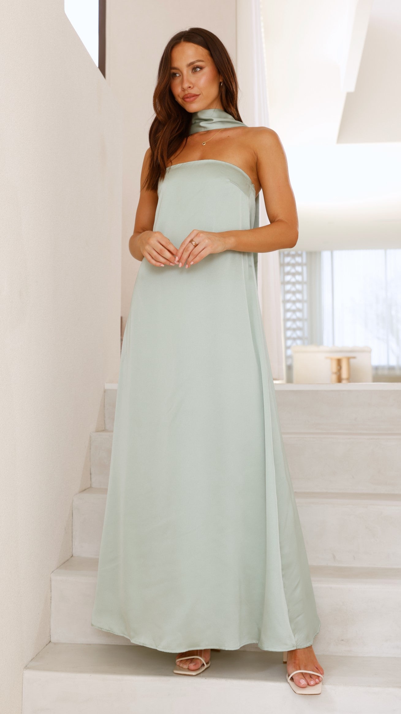 Strapless Scarf Maxi Dress in Sage Green - Flowy Summer Beach Dress for Women, Perfect for Vacations, Weddings & Outdoor Parties