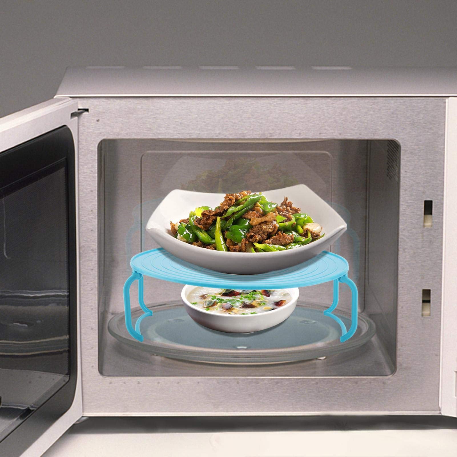 3-in-1 Microwave Plate Stacker & Food Splatter Cover with Foldable Handles - Plastic Microwave Plate Holder & Carrying Tray for Bowls and Plates | Space-Saving Kitchen Organizer for Microwave & Countertop Storage