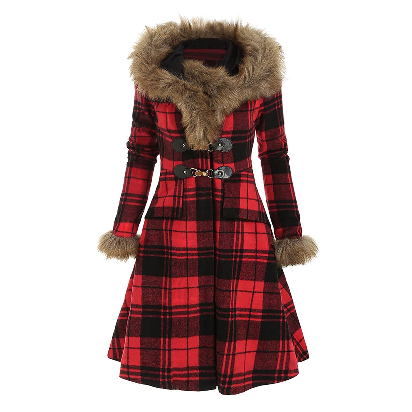 Trendy Women's Winter Hooded Coats - Buffalo Plaid Thermal Jacket with Faux Fur Trim, Button Front Outerwear for Casual & Dressy Occasions | Perfect for Snow Days, Holiday Outings & Winter Fashion