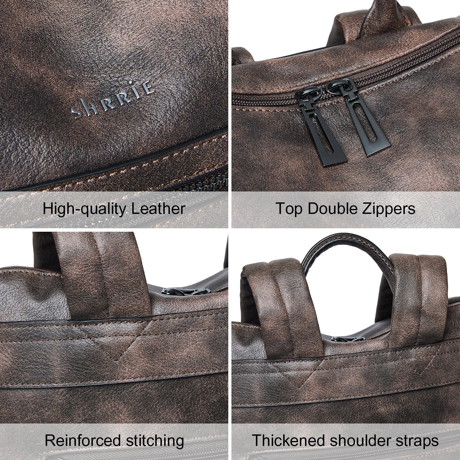 Shrrie 15.6 Inch Leather Laptop Backpack for Women - Large Water Resistant Travel Backpack Purse, Stylish Two-Toned Coffee Design for College, Work, and Everyday Use