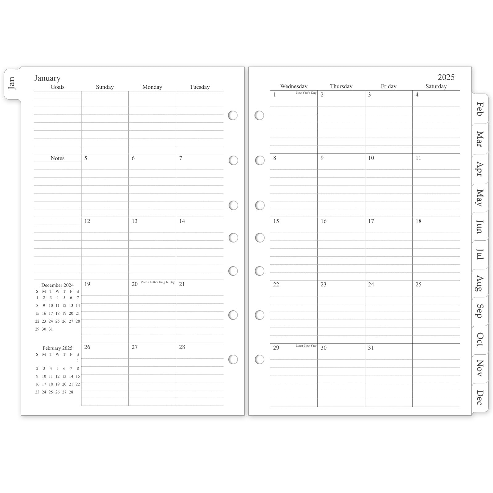2025 Monthly Planner Refill Inserts - 7 Ring Binder, 12 Month Calendar with Tabs, 5.5