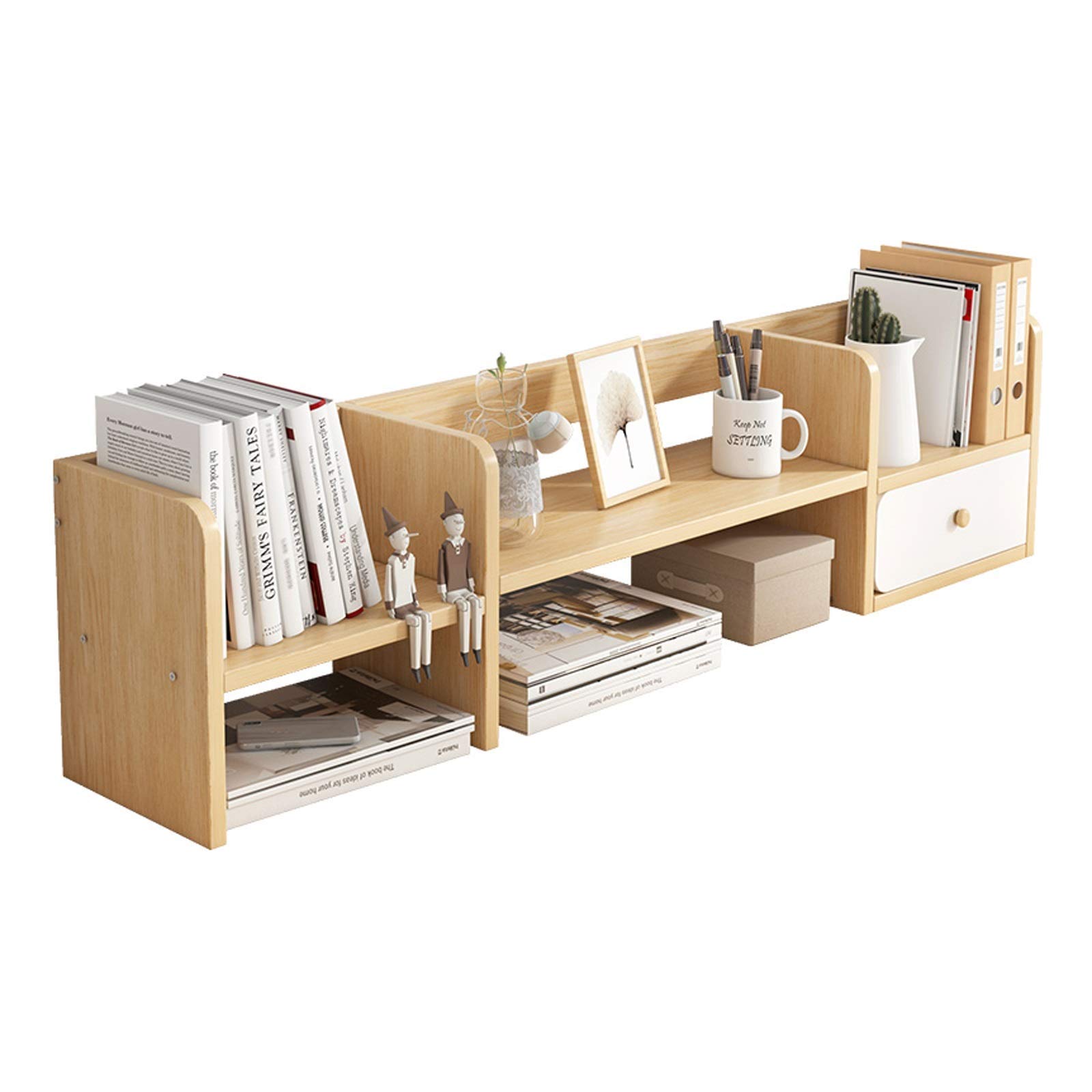 FMOGG Wooden Bookcase with Drawer - 5-Tier Bookshelf, Desktop Storage Organizer & Display Shelf for Home Office, Living Room, Bedroom - Natural Finish Book Storage Solution for Books, Decor & Office Supplies