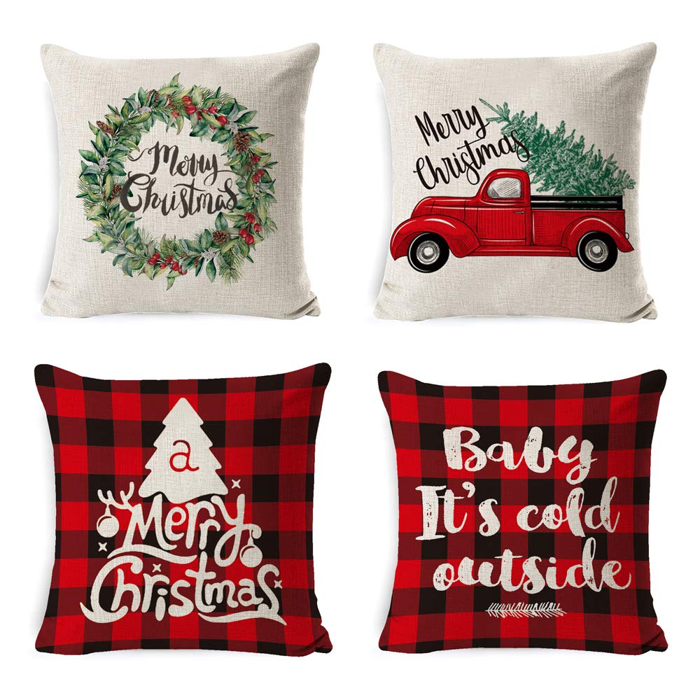 YonHeart Christmas Throw Pillow Covers 18x18 Inch Set of 4 - Soft Cotton Linen Decorative Cushion Covers for Sofa, Couch, Bedroom & Car - Holiday Home Decor for Christmas, Winter & Festive Season