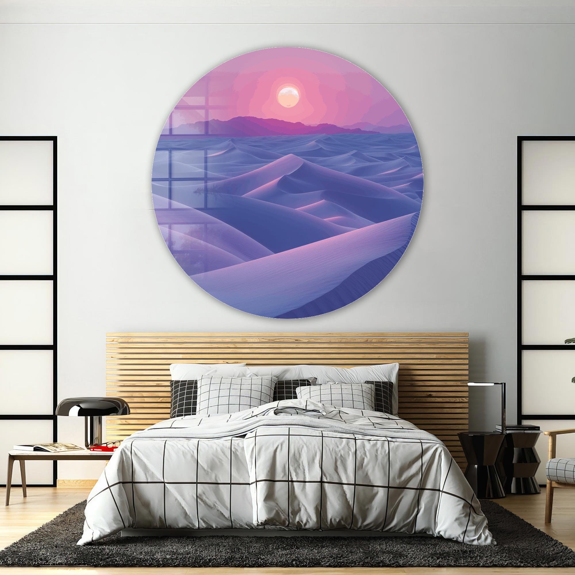 Twilight Dunes Rounded Glass Wall Art - Modern Home Decor for Living Room, Bedroom & Office - Shatterproof Glass Canvas Painting for Wall Decoration