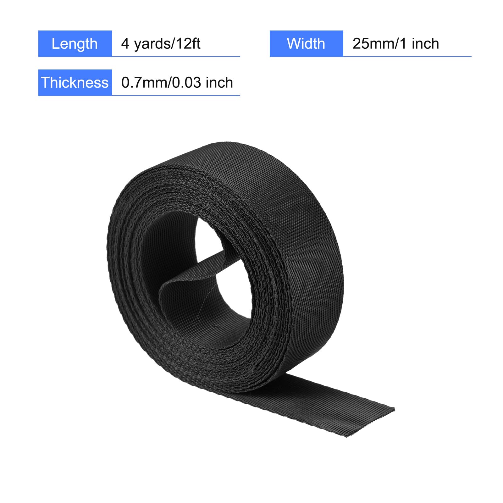 1 Inch x 4 Yards Black Nylon Webbing Strap for Backpacks, Luggage, Cargo Straps & Outdoor Gear - Heavy Duty Flat Nylon Belt for DIY Projects, Camping, Hiking & Travel Accessories