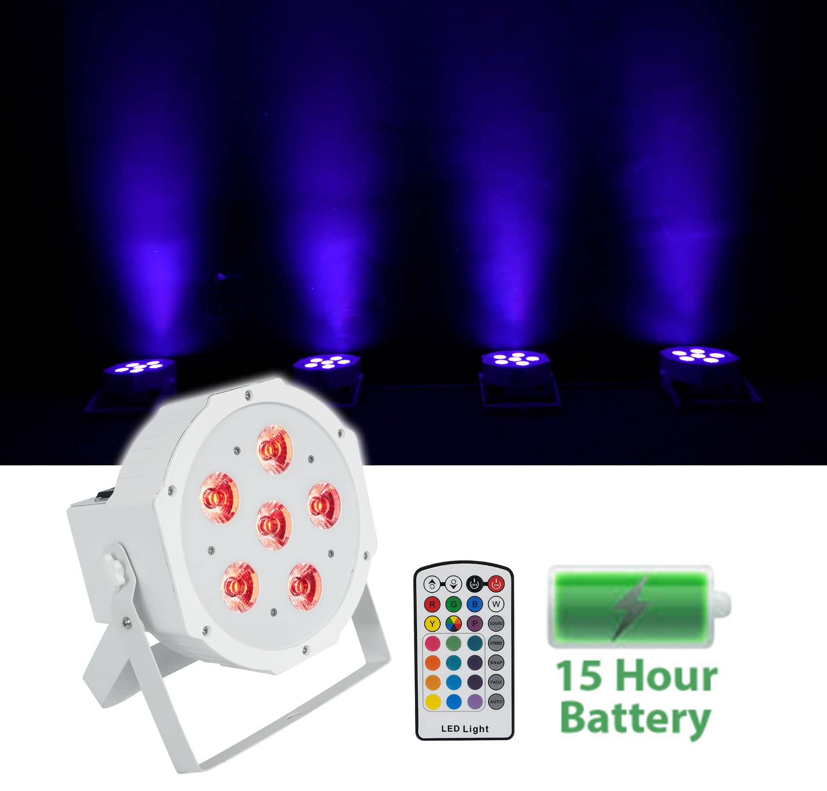 Rockville 4-Pack Rechargeable Wireless DMX PAR 6RF White Lights with Remotes & Carrying Bags – Perfect for Stage Lighting, DJ Shows, and Live Events