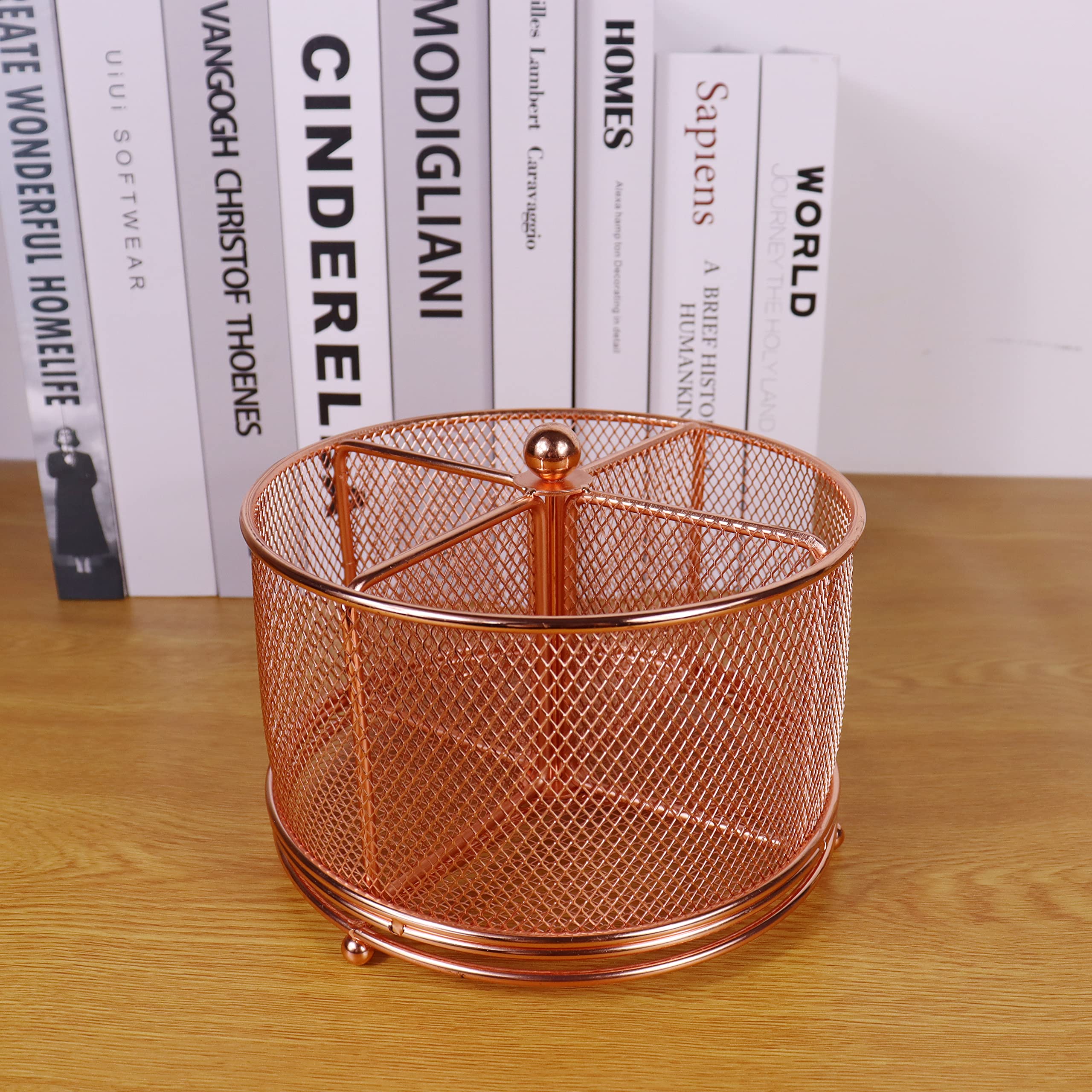 Rose Gold Mesh Rotating Pen Holder - 4 Compartment Desk Organizer for Pencils, Markers & Office Supplies - Large Capacity Stationery Storage for Women, Kids, Students & Teachers - Perfect for Home Office, School & Workspace Organization