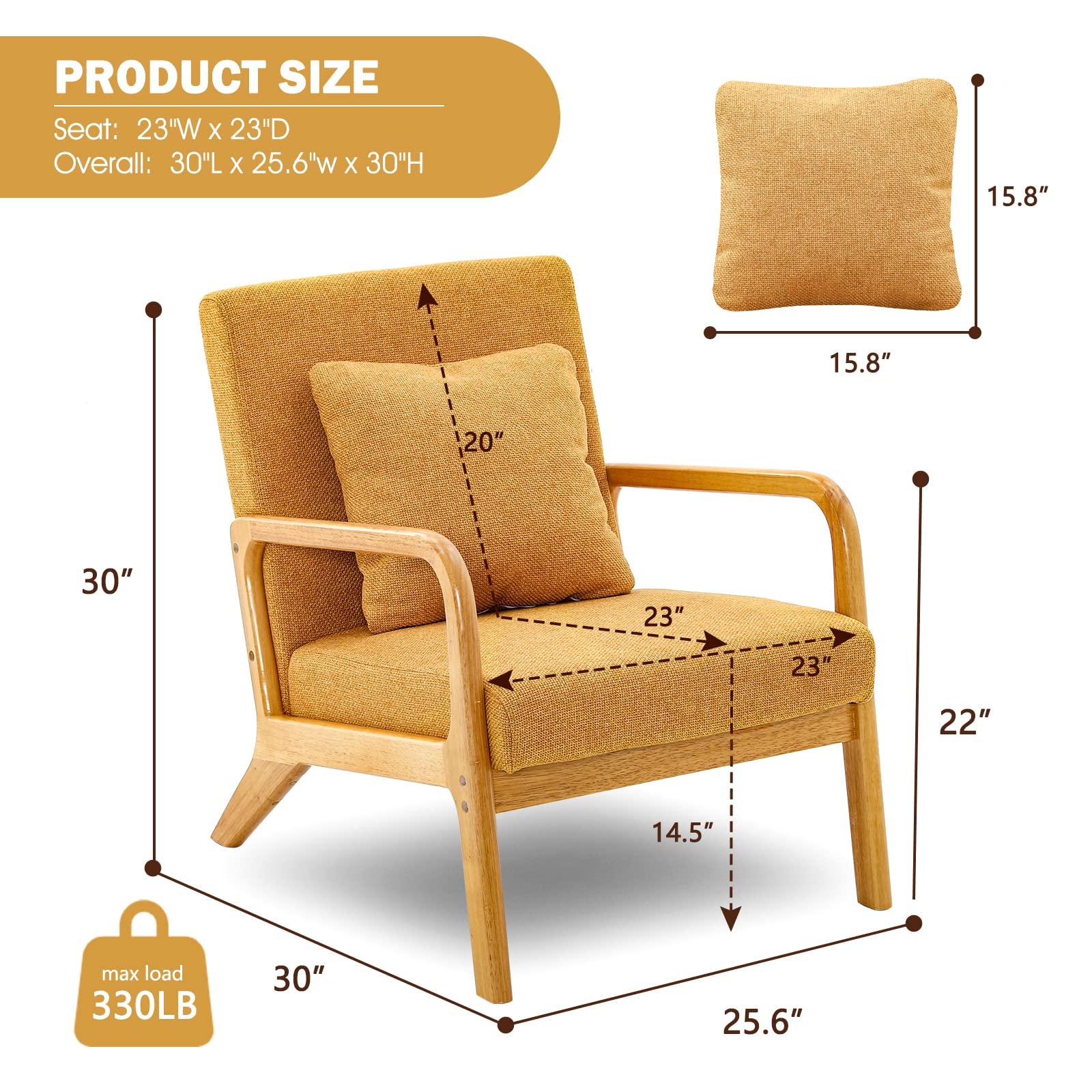 Mid-Century Modern Accent Chair - Upholstered Premium Linen Fabric Armchair with Solid Wood Frame Legs - Comfortable Living Room Lounge Chair for Bedroom, Office or Reading Nook (Yellow, 1 Piece) - Perfect for Small Spaces, Apartments and Cozy Home Decor