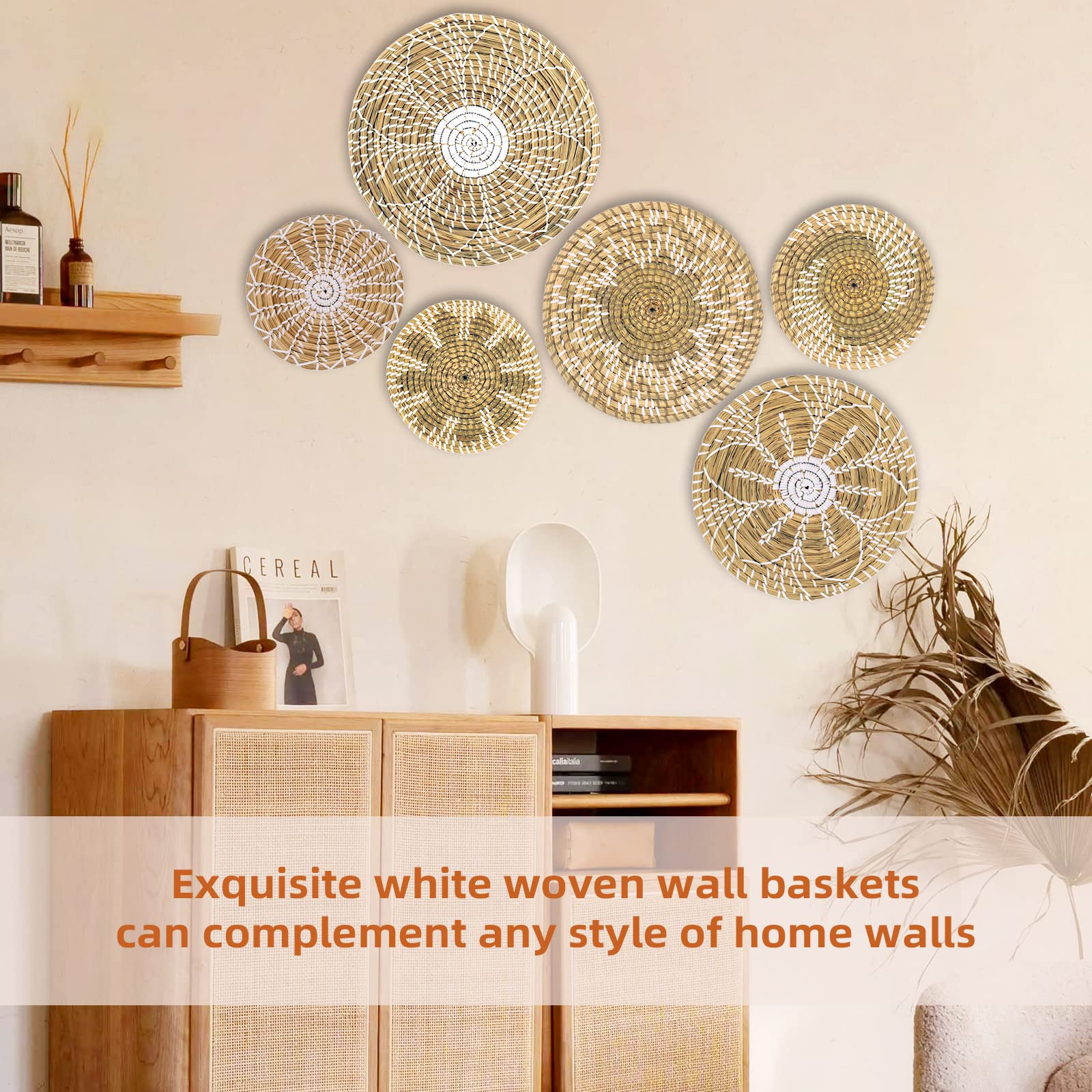 Boho Wall Basket Decor Set of 6 - Handwoven Seagrass Hanging Baskets for Wall Art, Rustic Farmhouse Home Decor - Natural Wicker Wall Hanging Decor (White) - Perfect for Living Room, Bedroom, Nursery & Boho Style Interior Design