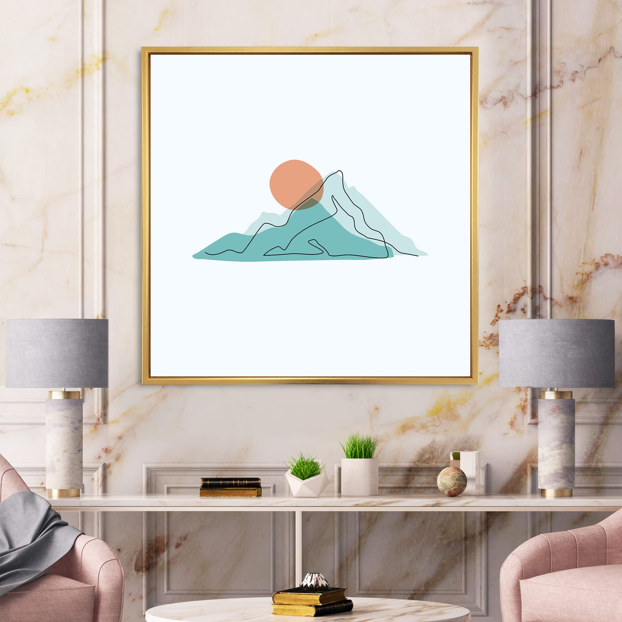 DesignQ Red Moon Over Abstract Blue Mountains II - Modern Framed Canvas Wall Art Print for Living Room, Bedroom & Office Decor | Large Contemporary Landscape Painting Home Decoration