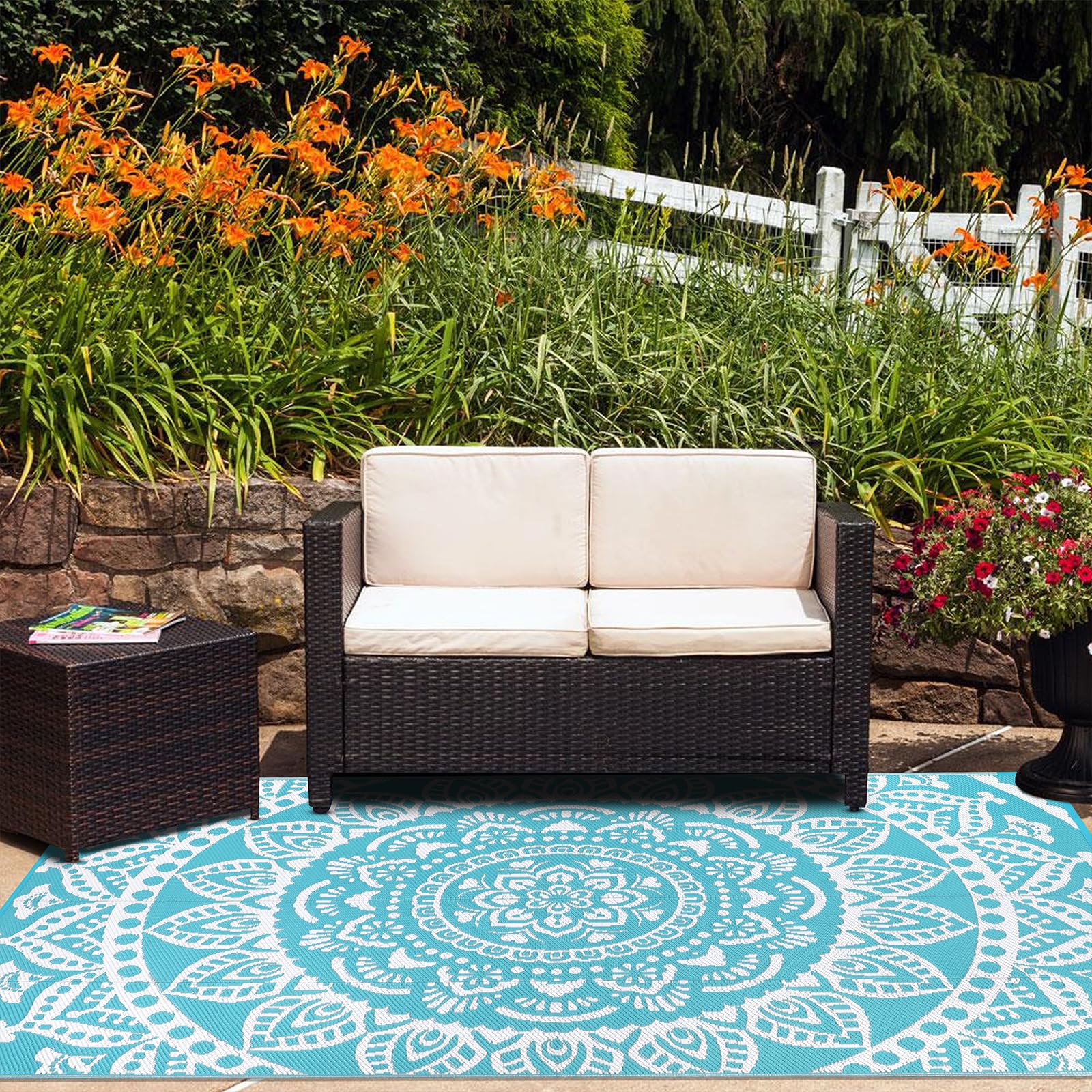 Bsmathom 6x9 Outdoor Plastic Straw Rug - Large Waterproof Reversible Mat for Patio, Camping, RV, Picnic, Beach, Backyard & Pool Deck - Durable & Portable Teal Rug for Outdoor Decor & Summer Gatherings