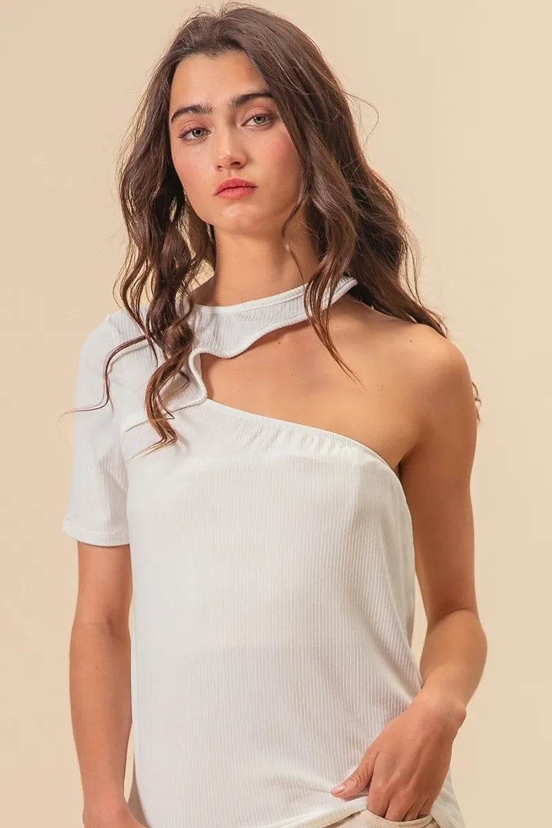BiBi Soft Rib Knit Cut Out One Shoulder Top - Women's Fashion Stretch Knit Blouse for Casual Wear, Night Out, and Party Outfits