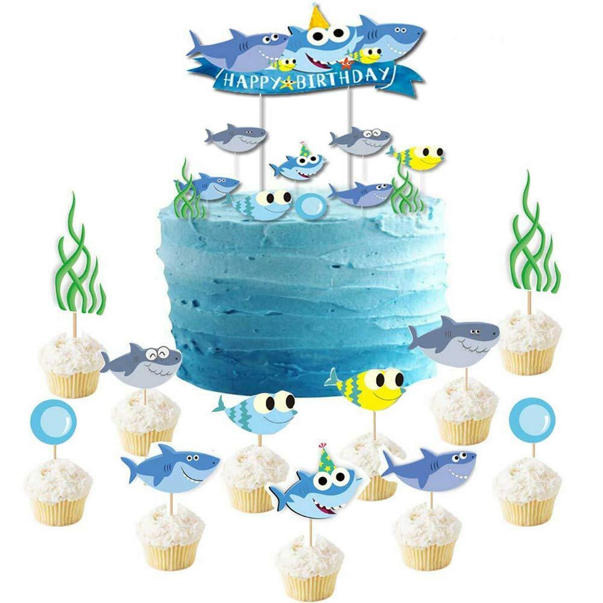 Shark Birthday Cake Topper - Blue Shark Cupcake Toppers for Kids Birthday Party Decorations, Shark Theme Party Supplies for Ocean Underwater Baby Shower Decor