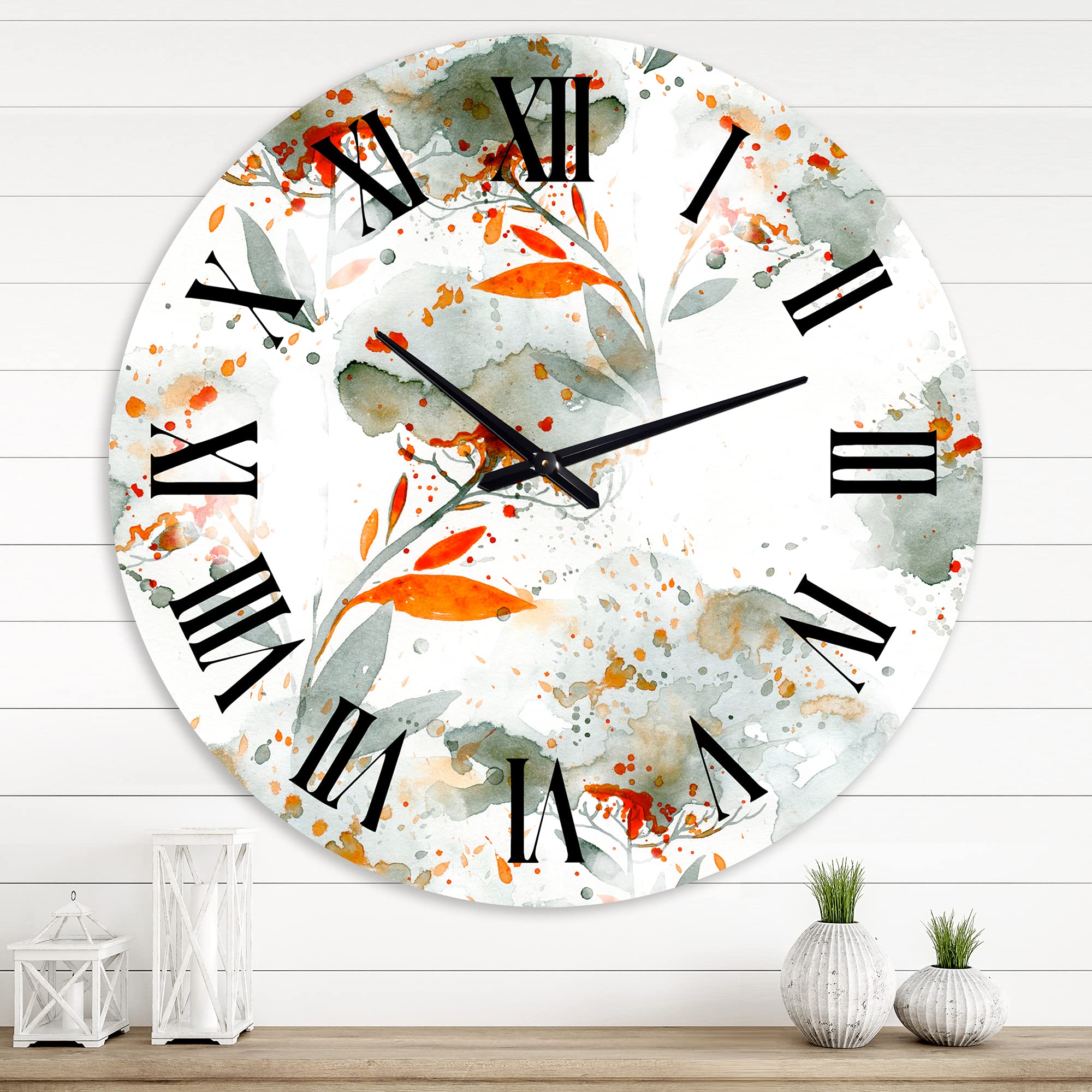 Large Floral Wall Clock - Green & Orange Wildflowers Design for Home & Office Decor | Perfect for Living Room, Bedroom, Kitchen