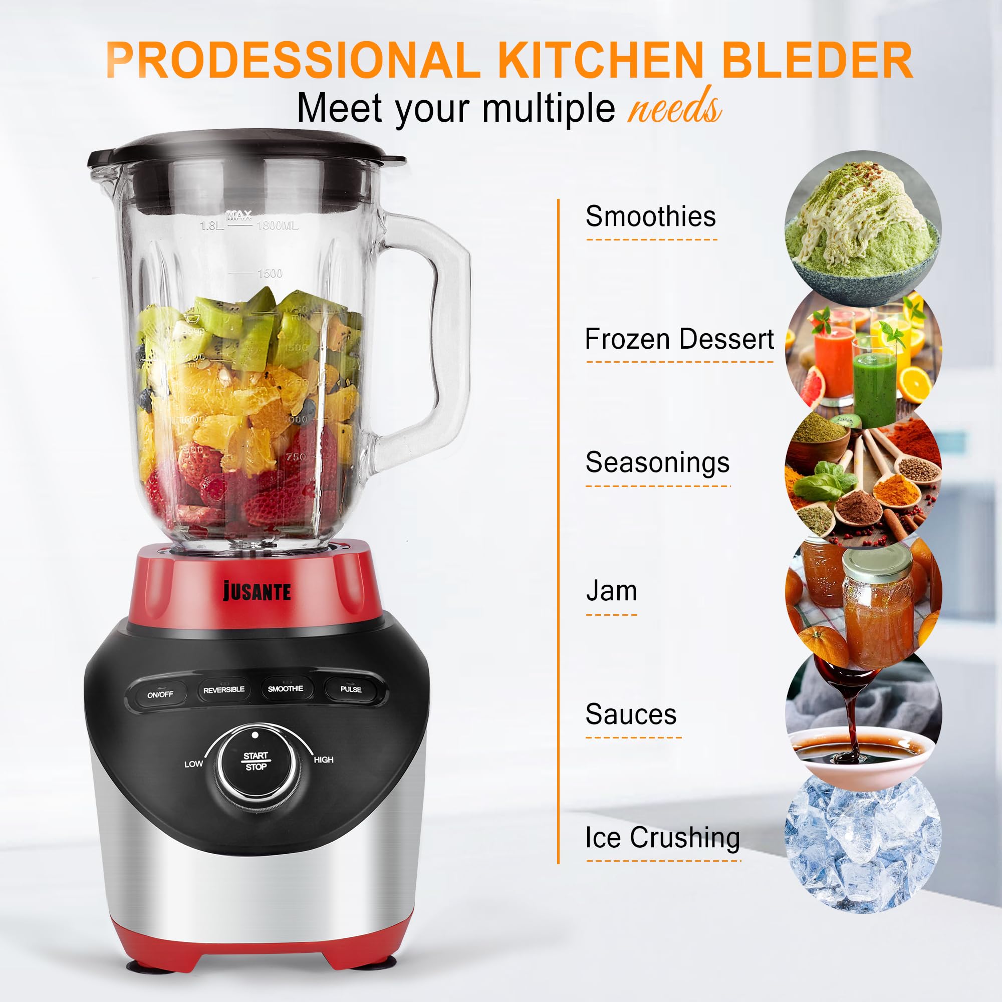 1200W High-Speed Professional Blender with 64oz Glass Jar - Powerful Countertop Blender for Smoothies, Shakes & Frozen Drinks - Perfect for Home Kitchen, Healthy Juicing & Meal Prep