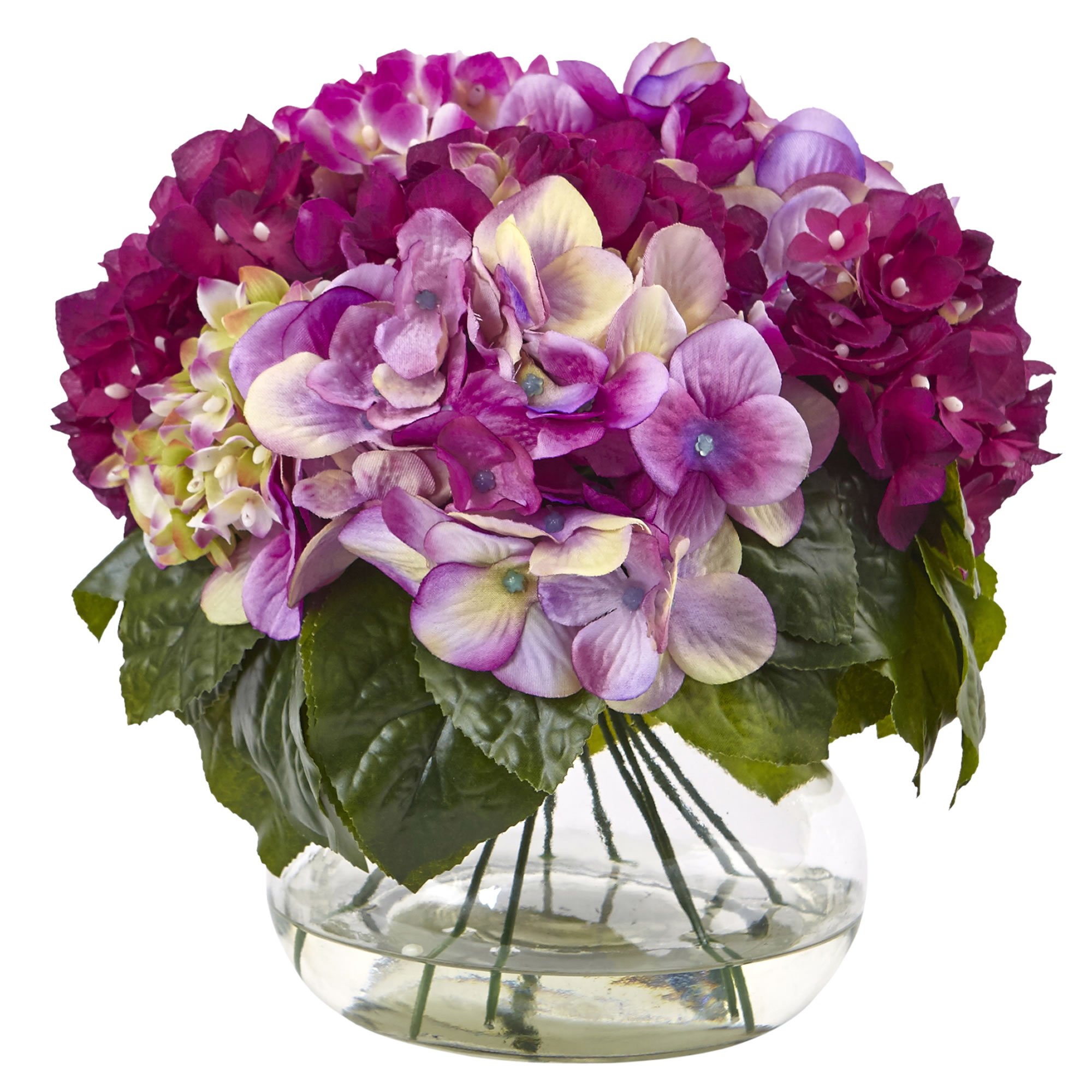 Nearly Natural Multi-Tone Beauty Hydrangea Silk Flower Arrangement in Round Glass Vase - Perfect for Home Decor, Wedding Centerpieces & Office Desk Decorations