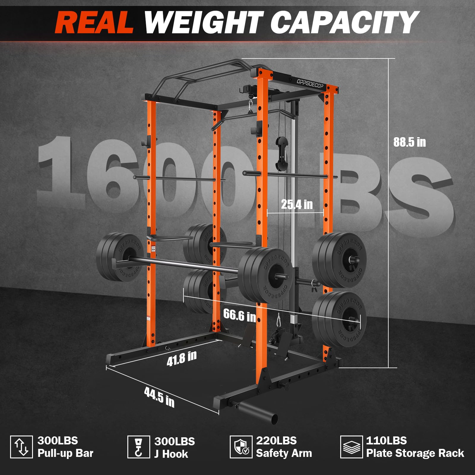 OPPSDECOR 1600lbs Power Cage with LAT Pull-Down & Adjustable Cable Pulley System - Multi-Functional Squat Rack for Home Gym | Strength Training Equipment for Weightlifting, CrossFit & Full-Body Workouts