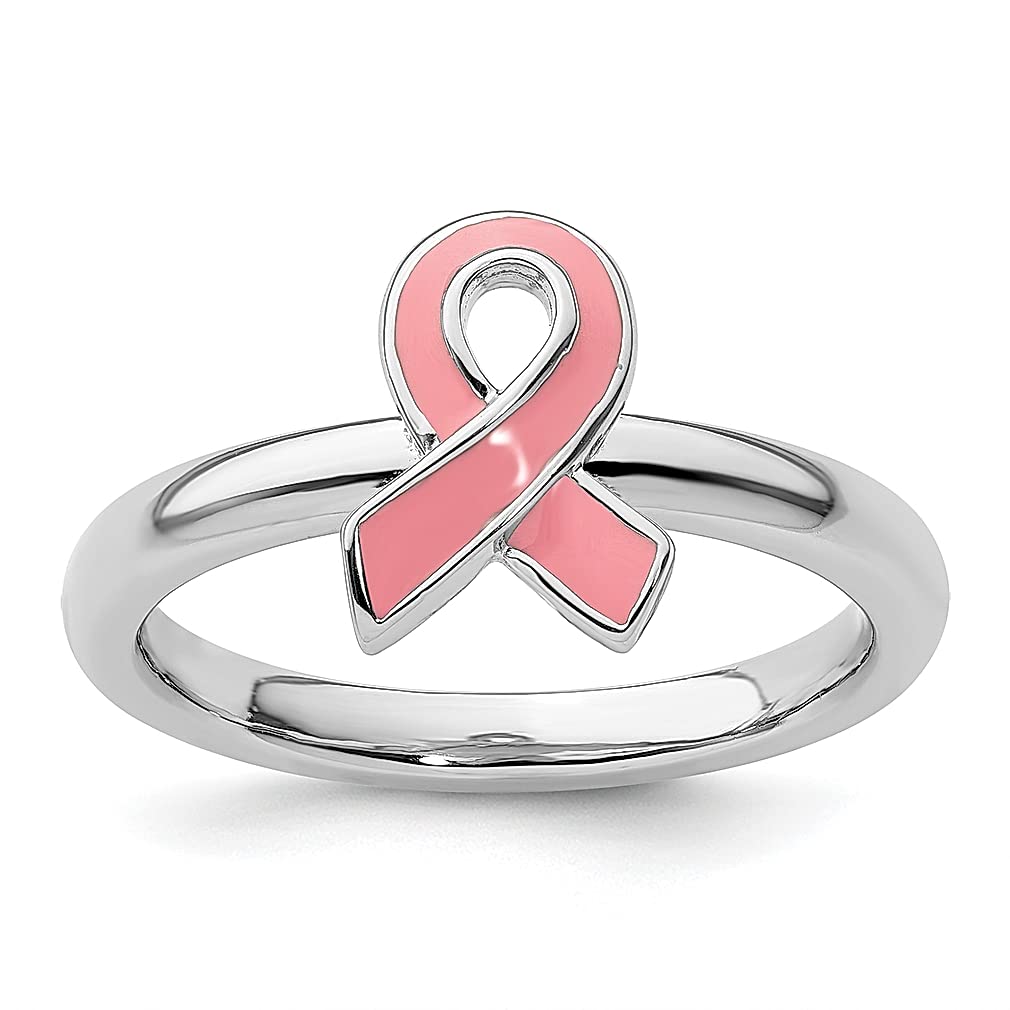 925 Sterling Silver Pink Enameled Awareness Ribbon Band Ring - Stackable Women's Jewelry for Breast Cancer Support, Gift for Her, Perfect for Fundraisers & Awareness Events