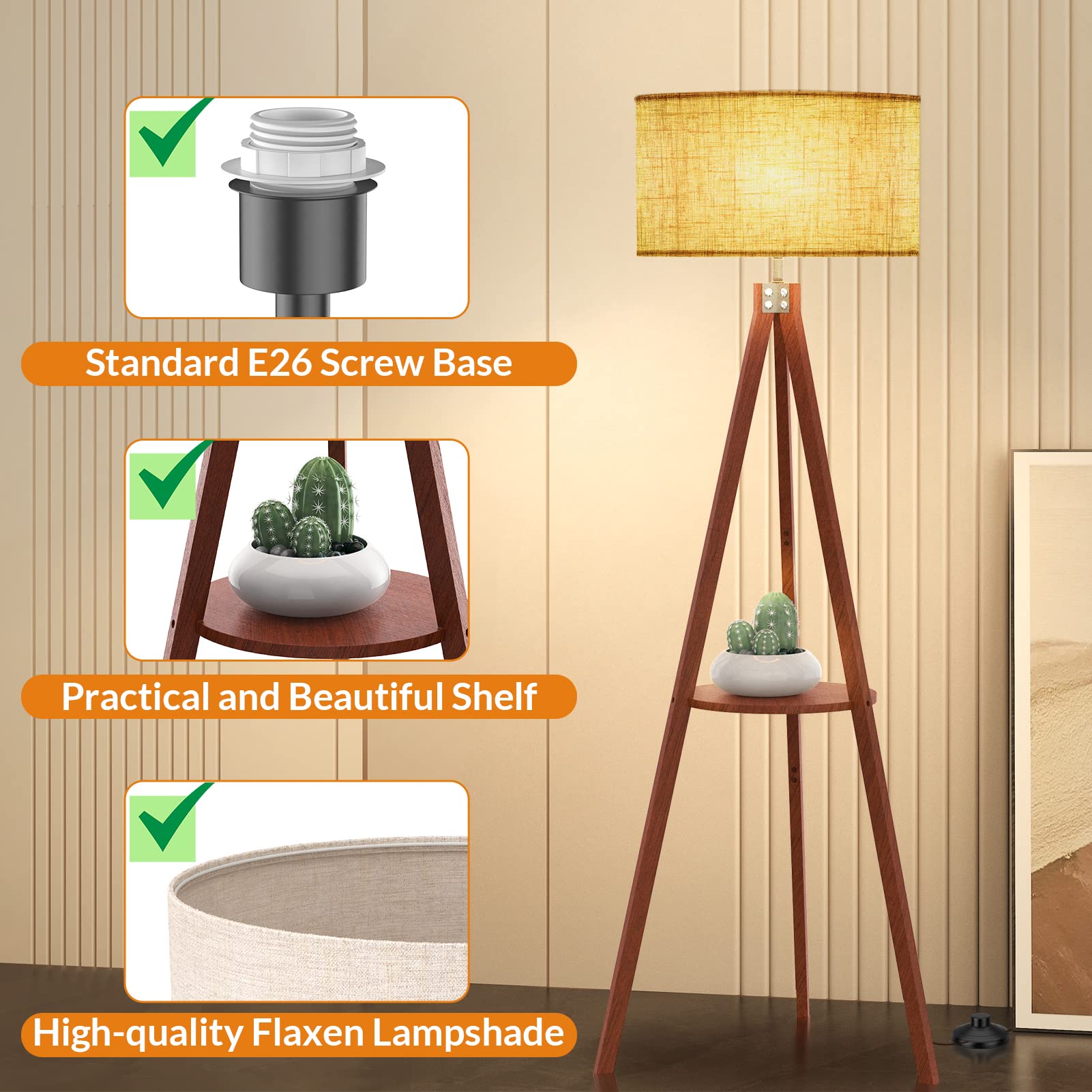 LEPOWER Dark Brown Mid Century Wood Tripod Floor Lamp - Vintage Standing Lamp for Living Room, Bedroom & Office - Set of 2