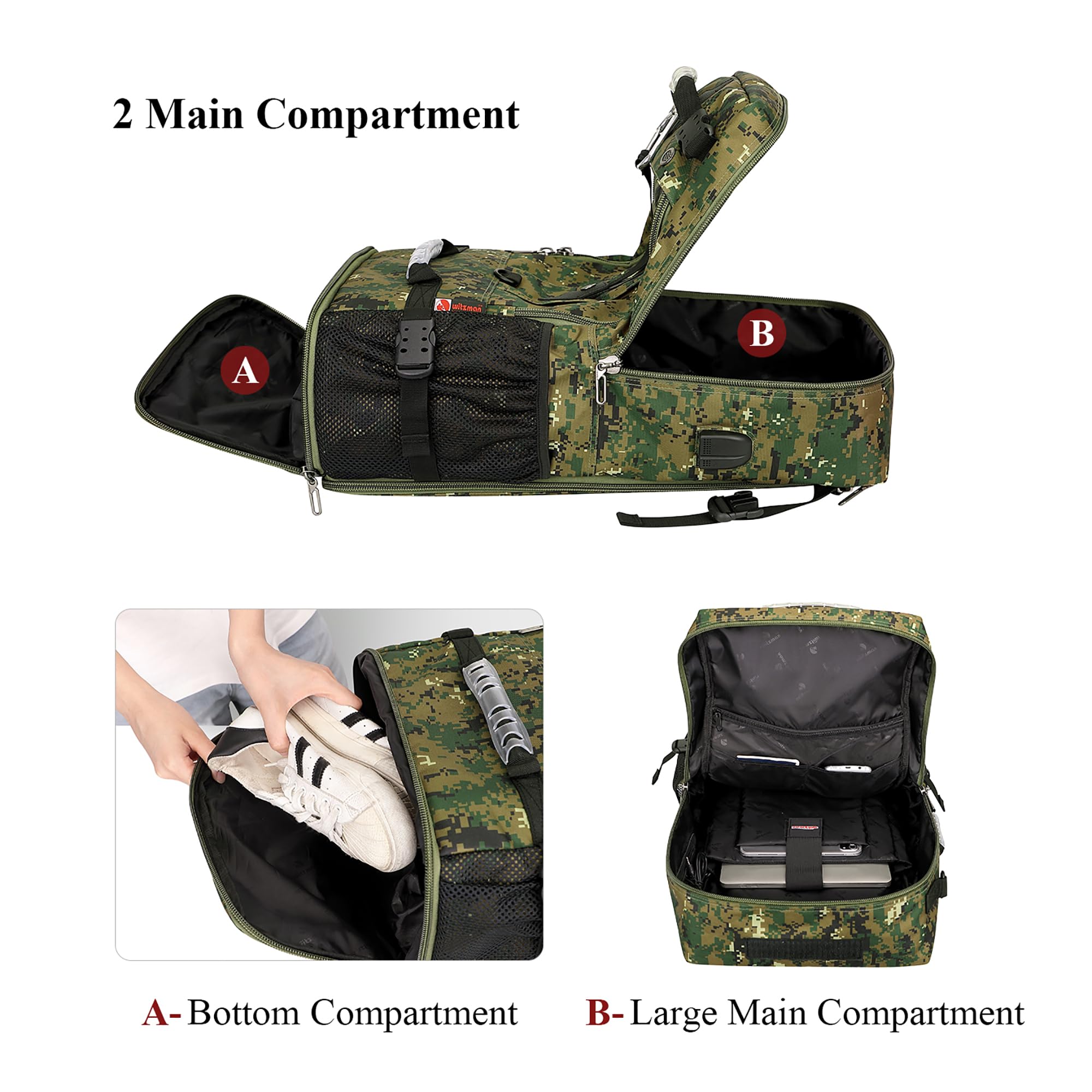 WITZMAN Digital Camo Backpack for Men - Convertible Travel Backpack & Duffle Bag with 17 Inch Laptop Compartment - Carry On Luggage for Business Trips, Hiking & Outdoor Adventures (B681 Camo Green)