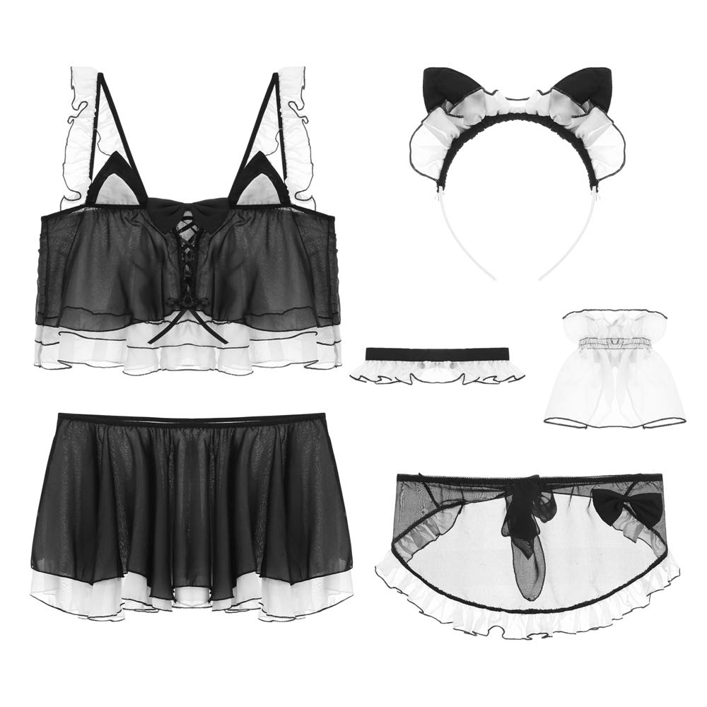 Sexy Lingerie Set for Women - Lace Garter Belt & Pajama - Black Anime Cosplay Costume for Role Play, Valentine's Day Gift, Boudoir Photoshoot