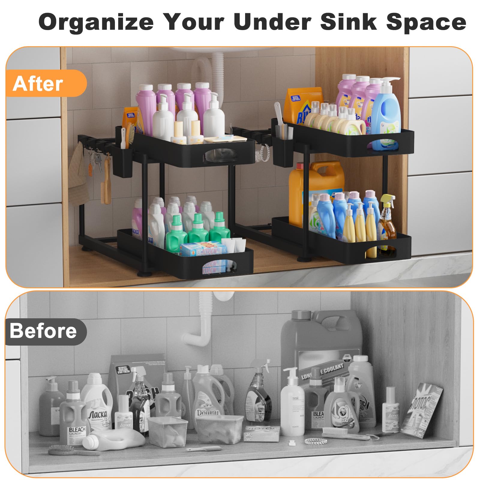2 Pack Under Sink Organizer - 2 Tier Sliding Bathroom Cabinet Storage with 2 Hanging Cups & 8 Hooks, Space Saving Under Sink Shelf for Bathroom, Kitchen, Laundry Room - Black