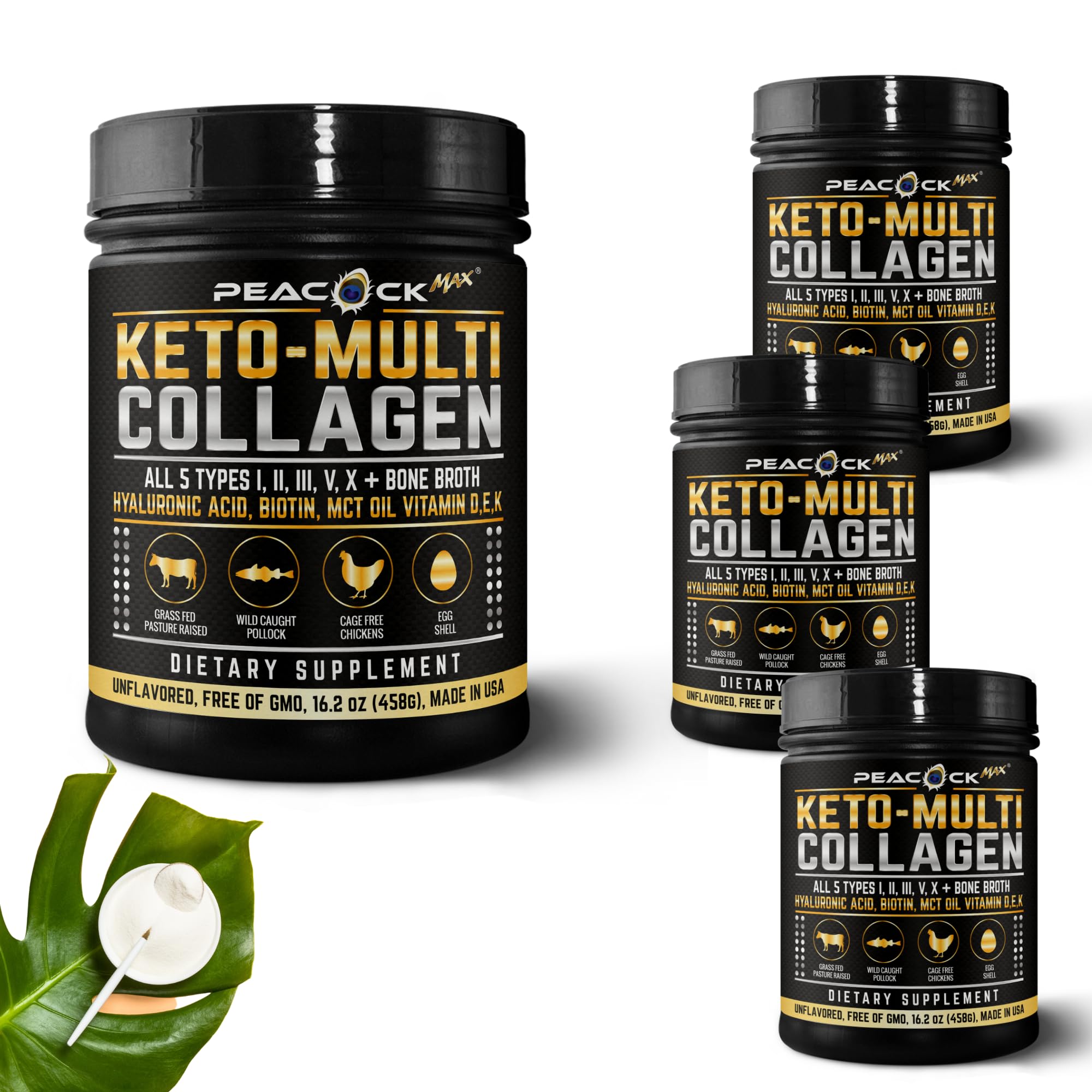 Multi Collagen Protein Powder 16.2 oz (4 Pack) - 5 Types with Bone Broth, Hydrolyzed Peptides, Biotin & MCT Oil | Unflavored Collagen Supplement for Skin, Hair, Nails, Joints & Gut Health | Keto, Paleo & Gluten Free | Perfect for Smoothies, Coffee & Post-Workout Recovery