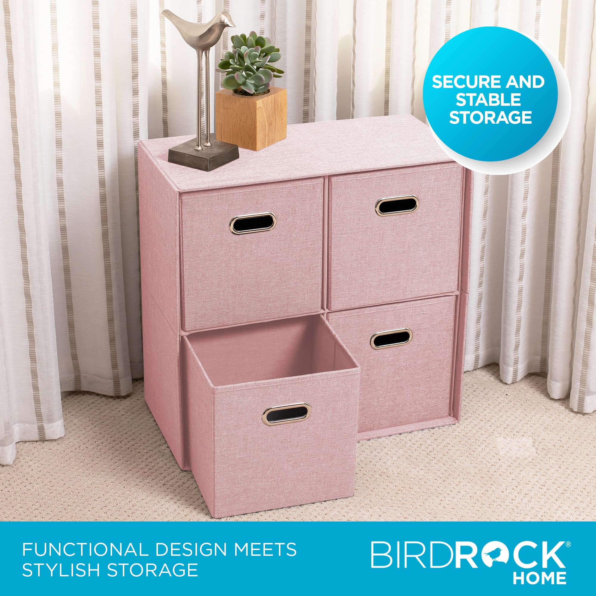 BIRDROCK HOME 4-Bin Linen Cube Organizer Shelf - Collapsible Storage Unit for Bedroom, Closet, Dorm | Space-Saving Shelving for Toys, Clothes, Towels | Durable Multi-Purpose Organizer (Blush) - Perfect for Small Spaces, Kids' Rooms & Home Organization