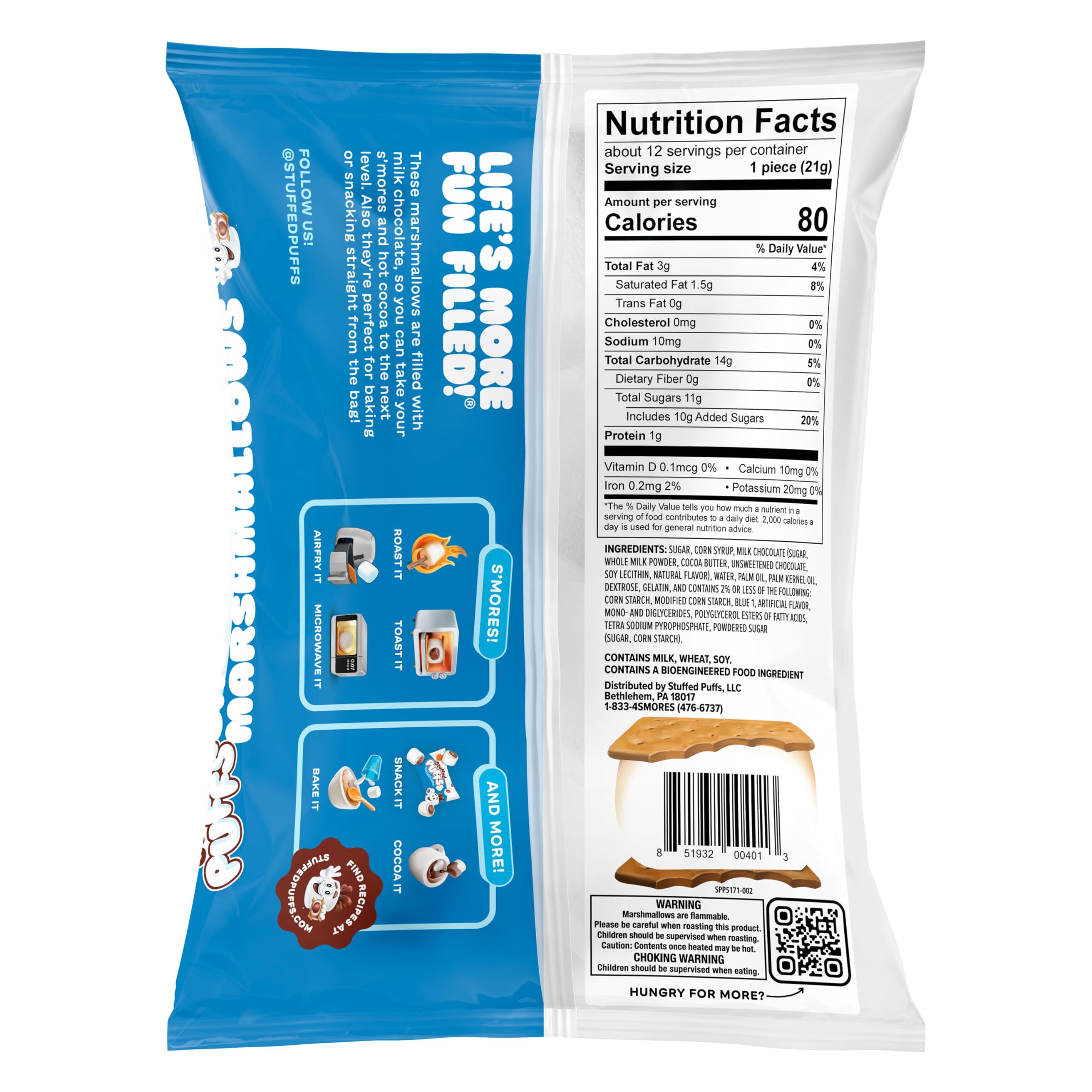 Stuffed Puffs Classic Milk Chocolate 6 Pack - Chocolate Filled Marshmallows with Real Chocolate - Perfect for S'mores, Camping & Desserts - 6 Bags (8.6 oz Each) - Great for Parties, Gifts & Family Snacks