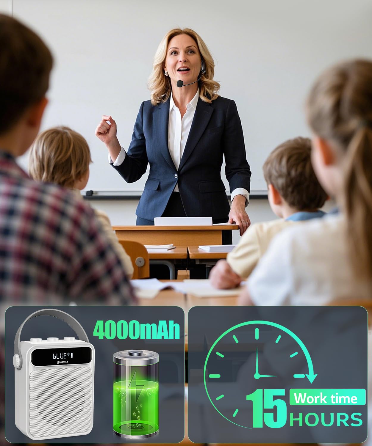 SHIDU Wireless Voice Amplifier with Headset Microphone - Bluetooth Portable PA System for Teachers, Classroom, Meetings & Outdoor Use | Rechargeable Megaphone for Public Speaking, Presentations & Events