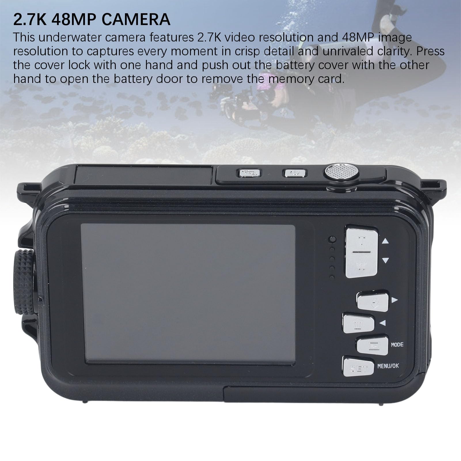 2.7K 48MP Underwater Digital Camera with Autofocus & Dual Screens - 10FT Waterproof, 16X Zoom, 650mAh Battery - Perfect for Kids, Selfies, Snorkeling & Beach Vacations