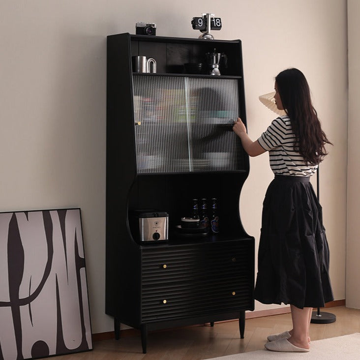 ISABEL TOKYO Japanese Scandinavian Buffet Glass Display Sideboard - Nordic Style Cabinet in Walnut, Black, Grey & White - Perfect for Dining Room Storage & Living Room Decor