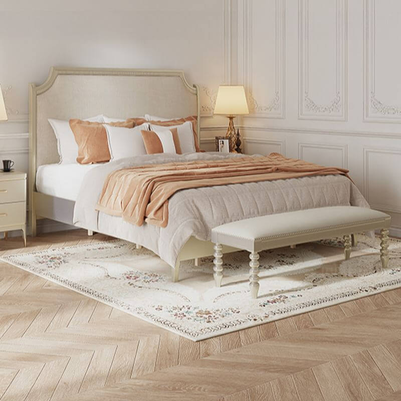 Victorian Style Beige Upholstered Bedroom Bench with Nailhead Trim - Elegant Seating for Bedroom, Dressing Area or Entryway