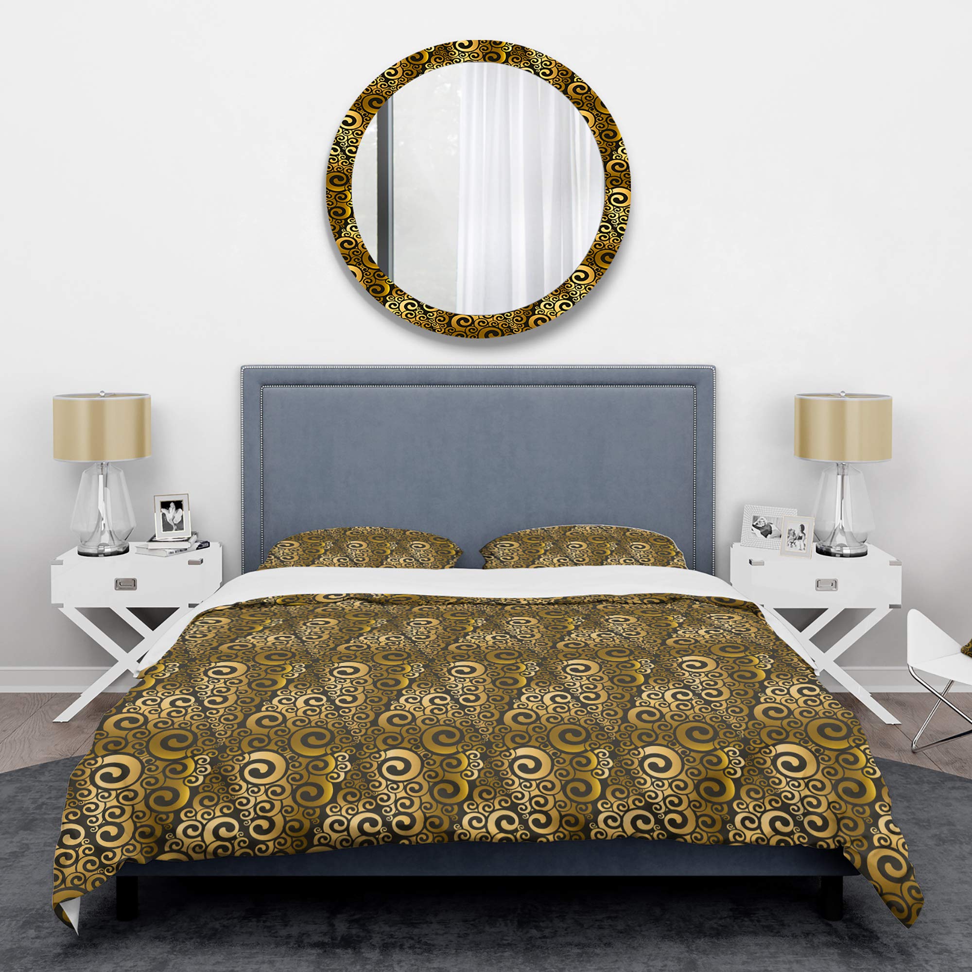 Mid-Century Modern Gold and Black Swirl Duvet Cover Set King - 3 Piece All Season Bedding Set | Luxury Bedroom Decor for Master & Guest Rooms