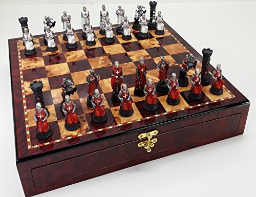 Medieval Knight Chess Set - Red & White Crusades Theme with 17